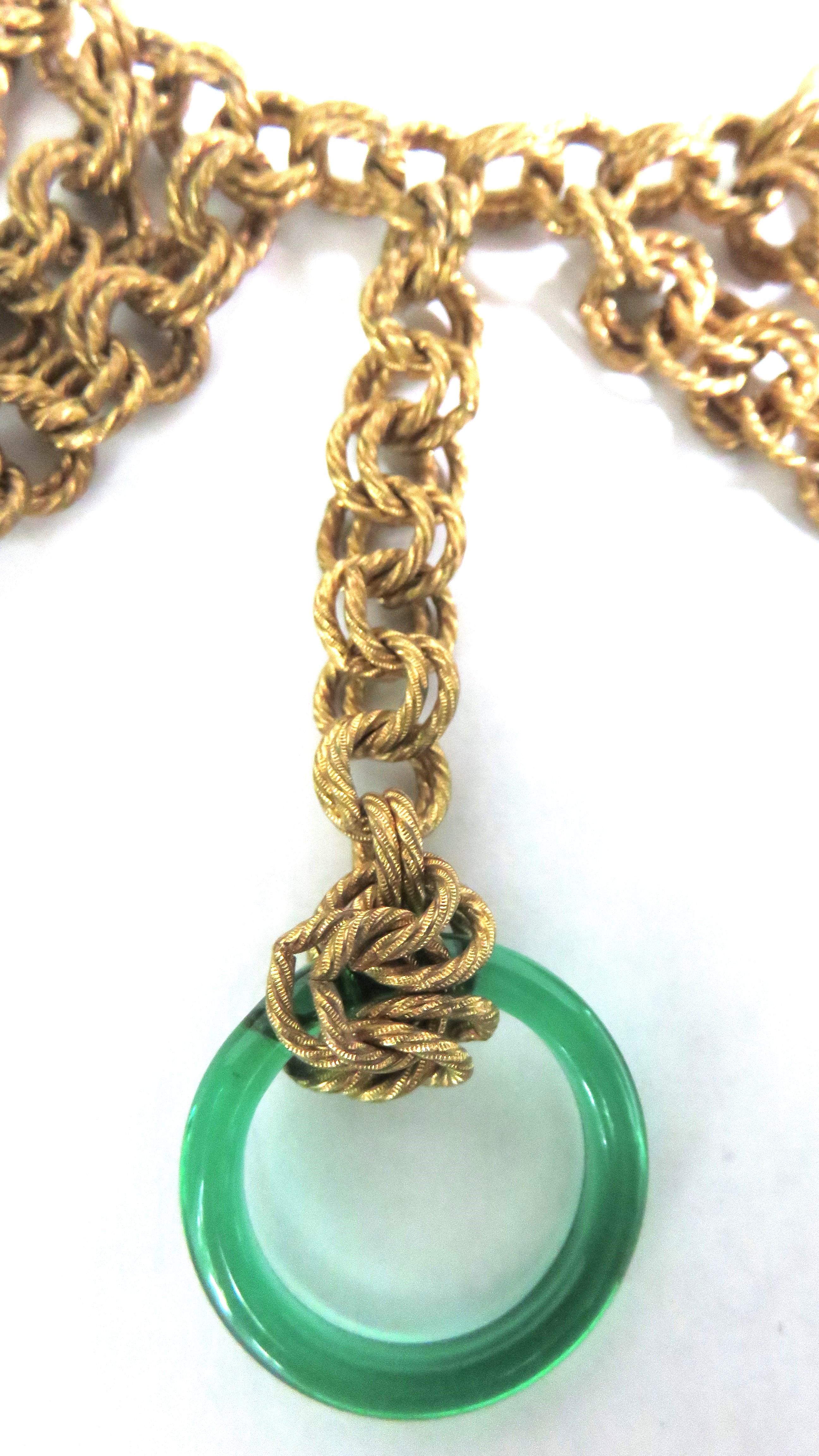 Chain Bib 1940s Necklace with Green Glass Circles For Sale 3
