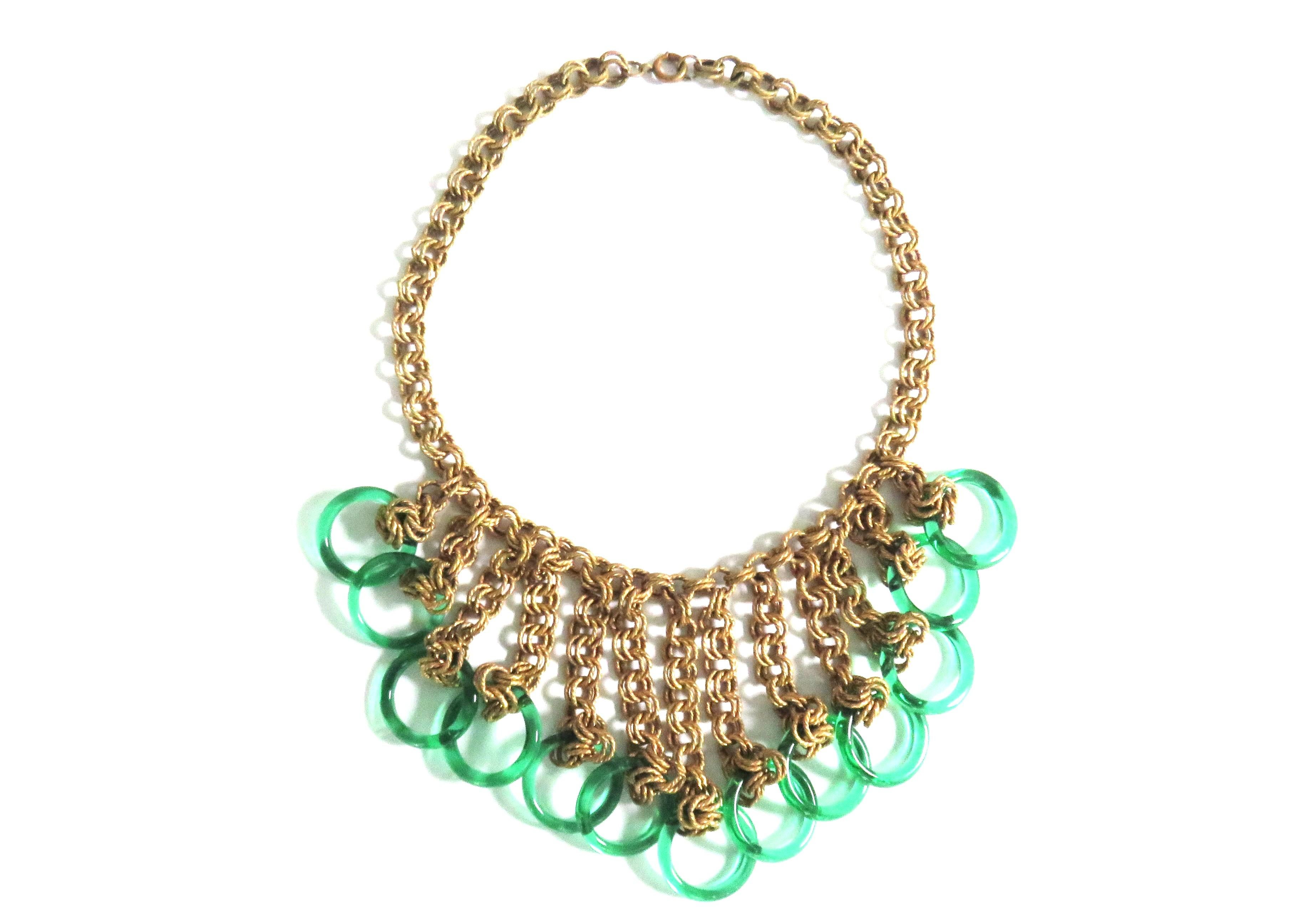 Chain Bib 1940s Necklace with Green Glass Circles For Sale 5