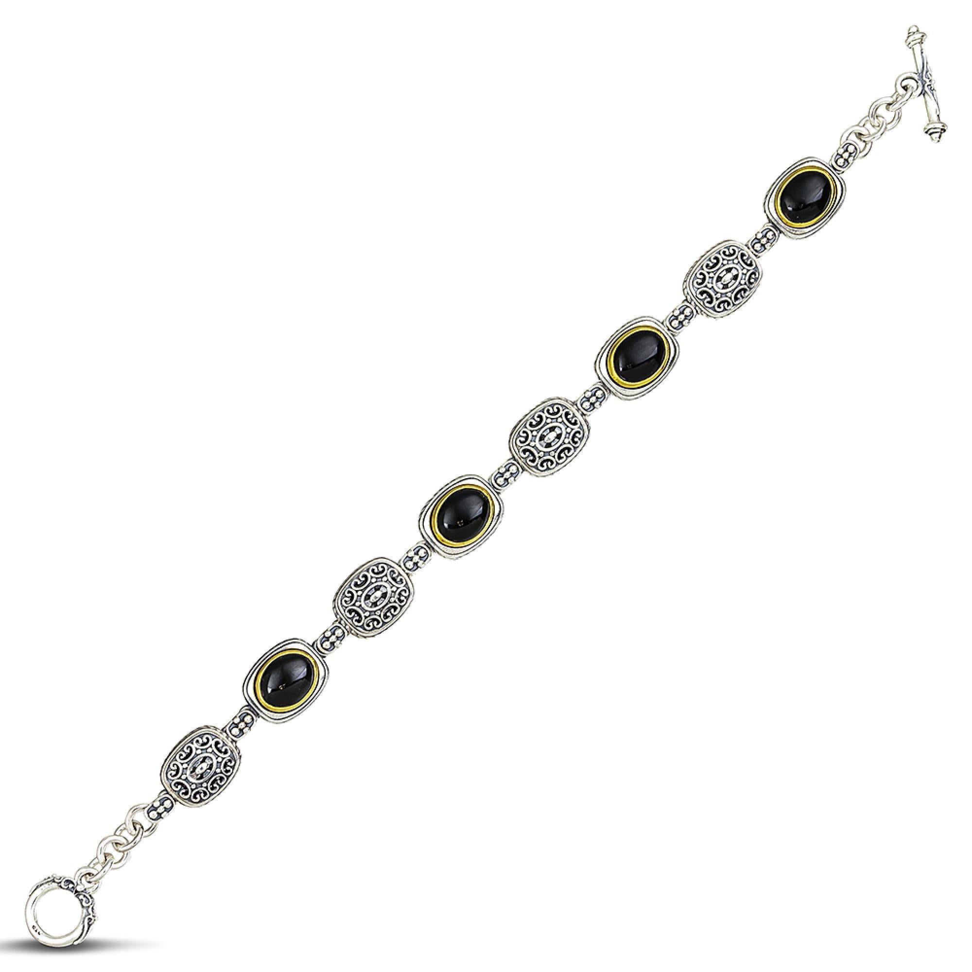 Cabochon Chain Bracelet with Black Onyx in Gold-Plated Bezels, Dimitrios Exclusive B117 For Sale