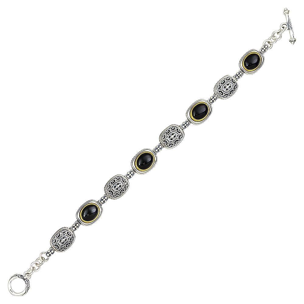 Chain Bracelet with Black Onyx in Gold-Plated Bezels, Dimitrios Exclusive B117 For Sale