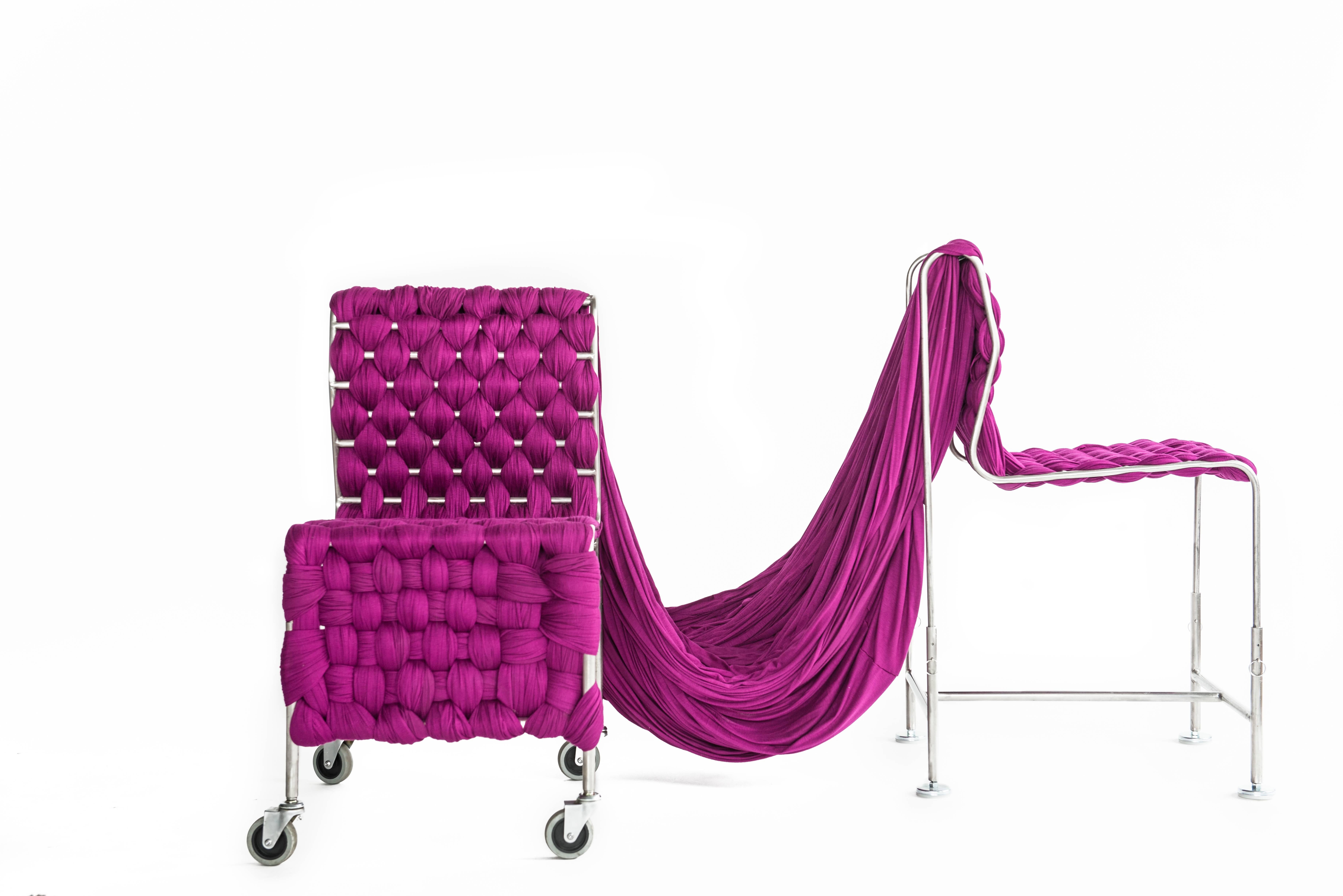 Chain chair pair in by Liz Collins and Harry Allen, USA, 2017

Chain chair pair
Liz Collins and Harry Allen, USA, 2017
Steel frame with violet jersey fabric
Short chair (on casters): H 34 in, W 18 in, D 21 in, seat H 20 in
Tall chair: H 36.5