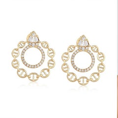 Chain Circle Diamond 14K (or 18k upon request) Yellow Gold Statement Earrings