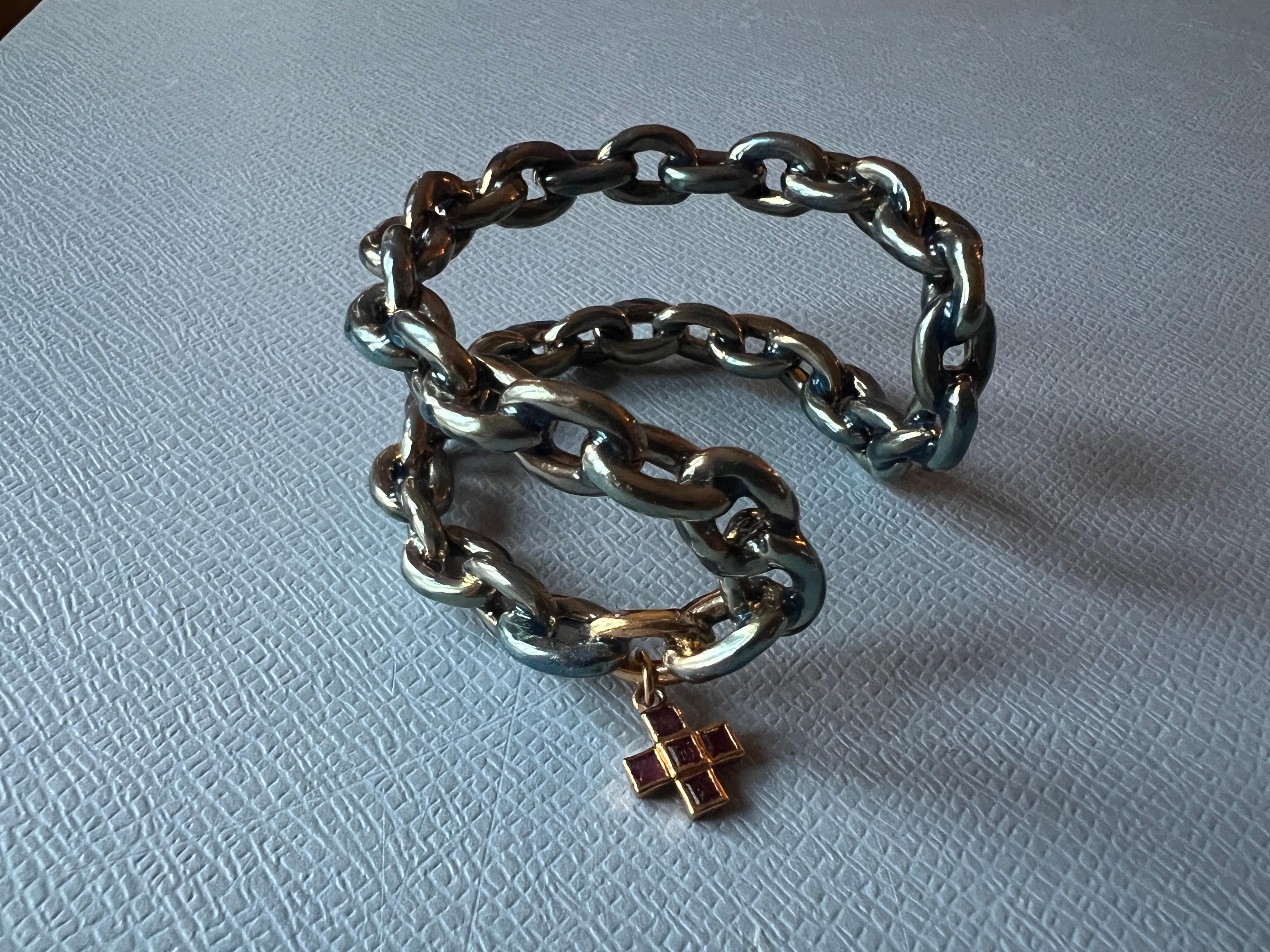 Chain Cuff Bangle Bracelet Light Blue Enamel Ruby Cross J Dauphin For Sale 4