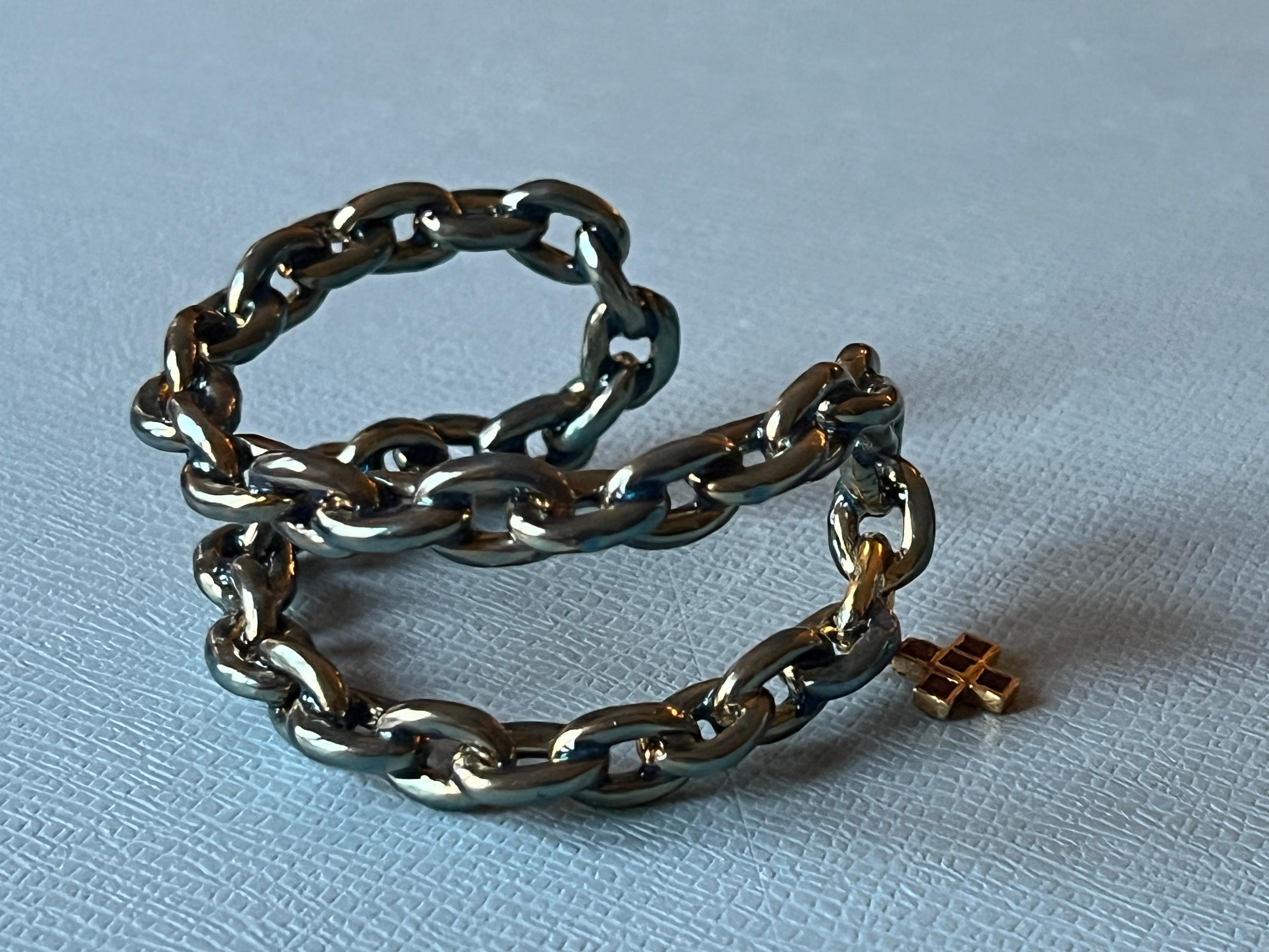 Contemporary Chain Cuff Bangle Bracelet Light Blue Enamel Ruby Cross J Dauphin For Sale