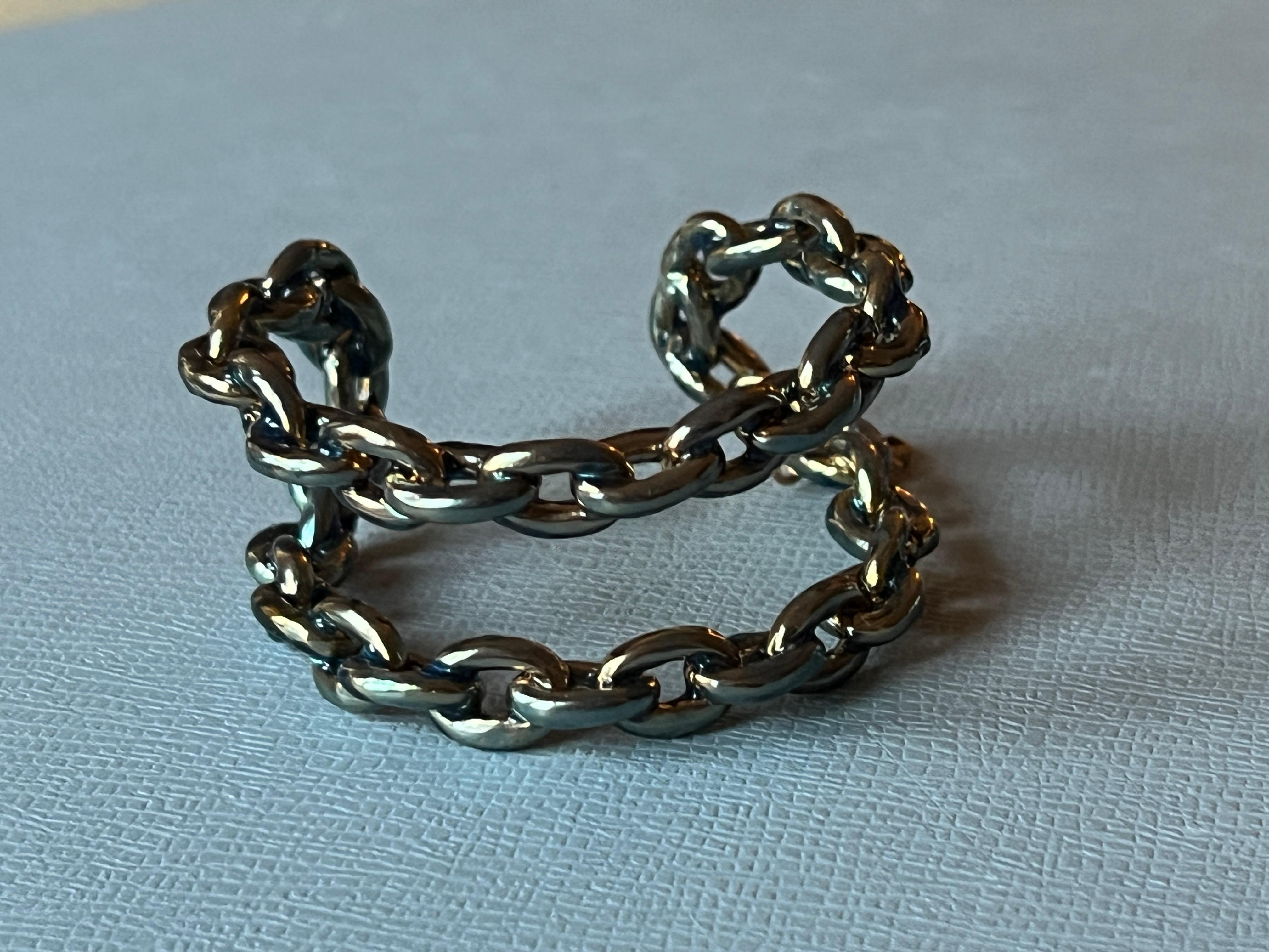 Square Cut Chain Cuff Bangle Bracelet Light Blue Enamel Ruby Cross J Dauphin For Sale