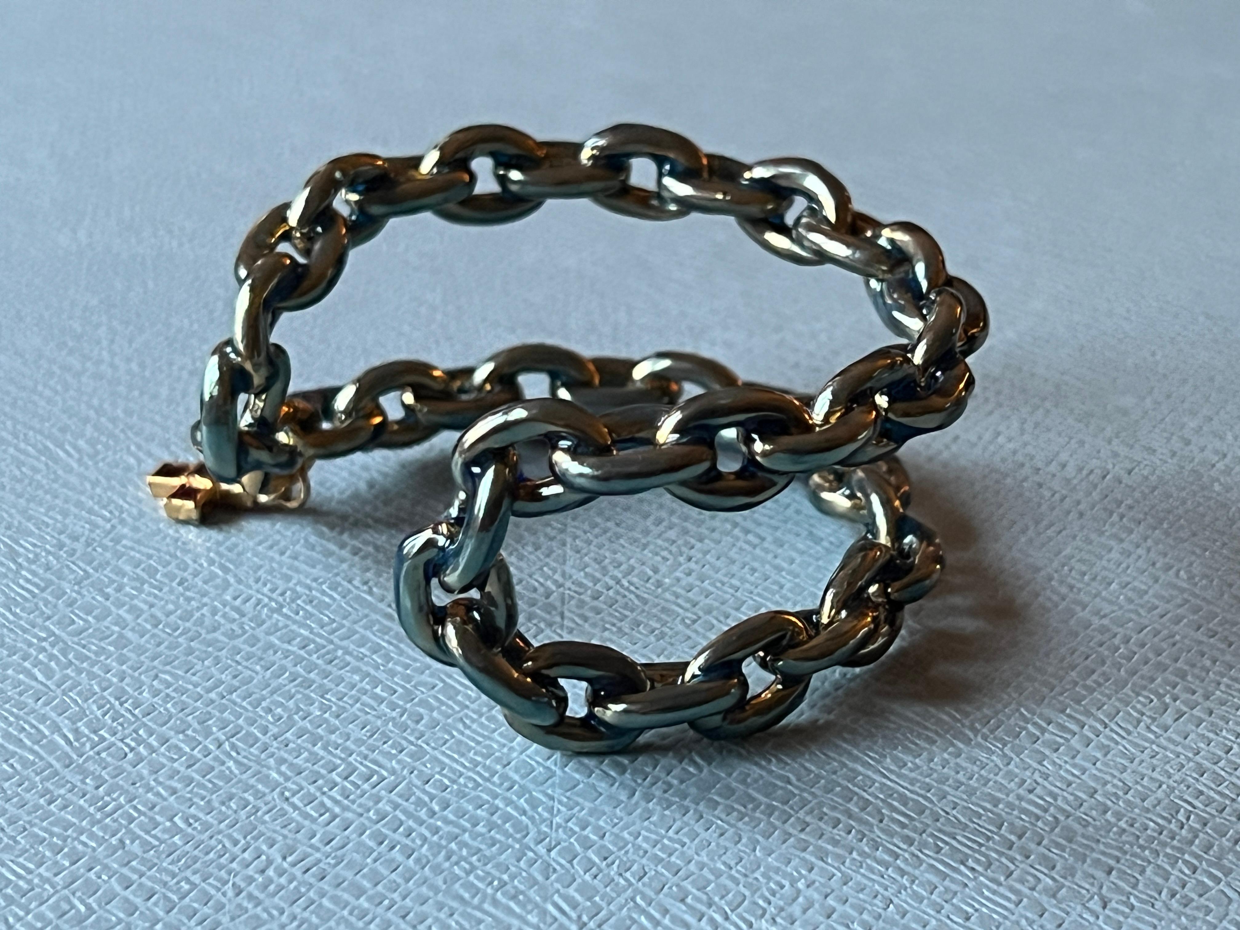 Chain Cuff Bangle Bracelet Light Blue Enamel Ruby Cross J Dauphin In New Condition For Sale In Los Angeles, CA