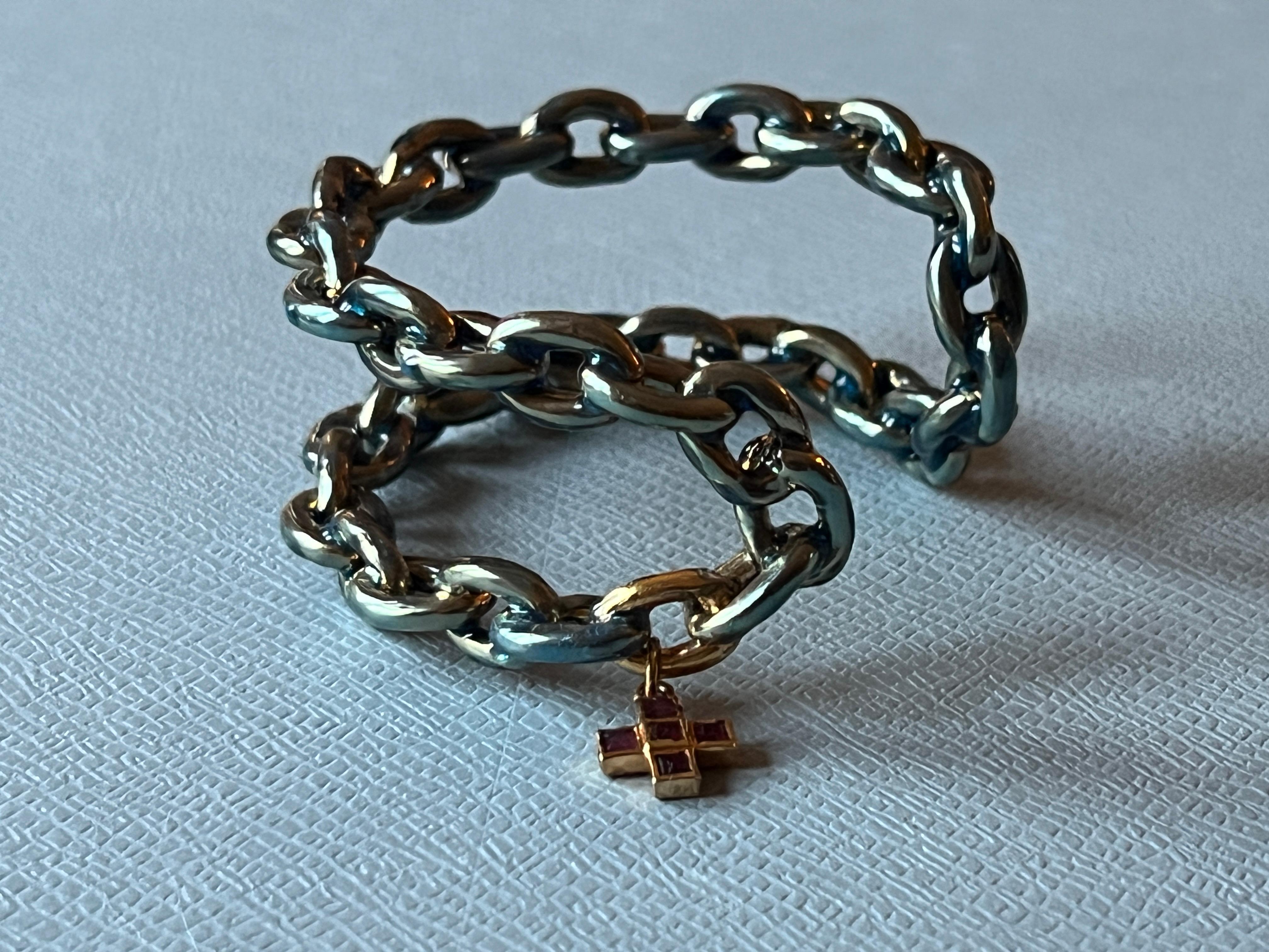 Women's Chain Cuff Bangle Bracelet Light Blue Enamel Ruby Cross J Dauphin For Sale