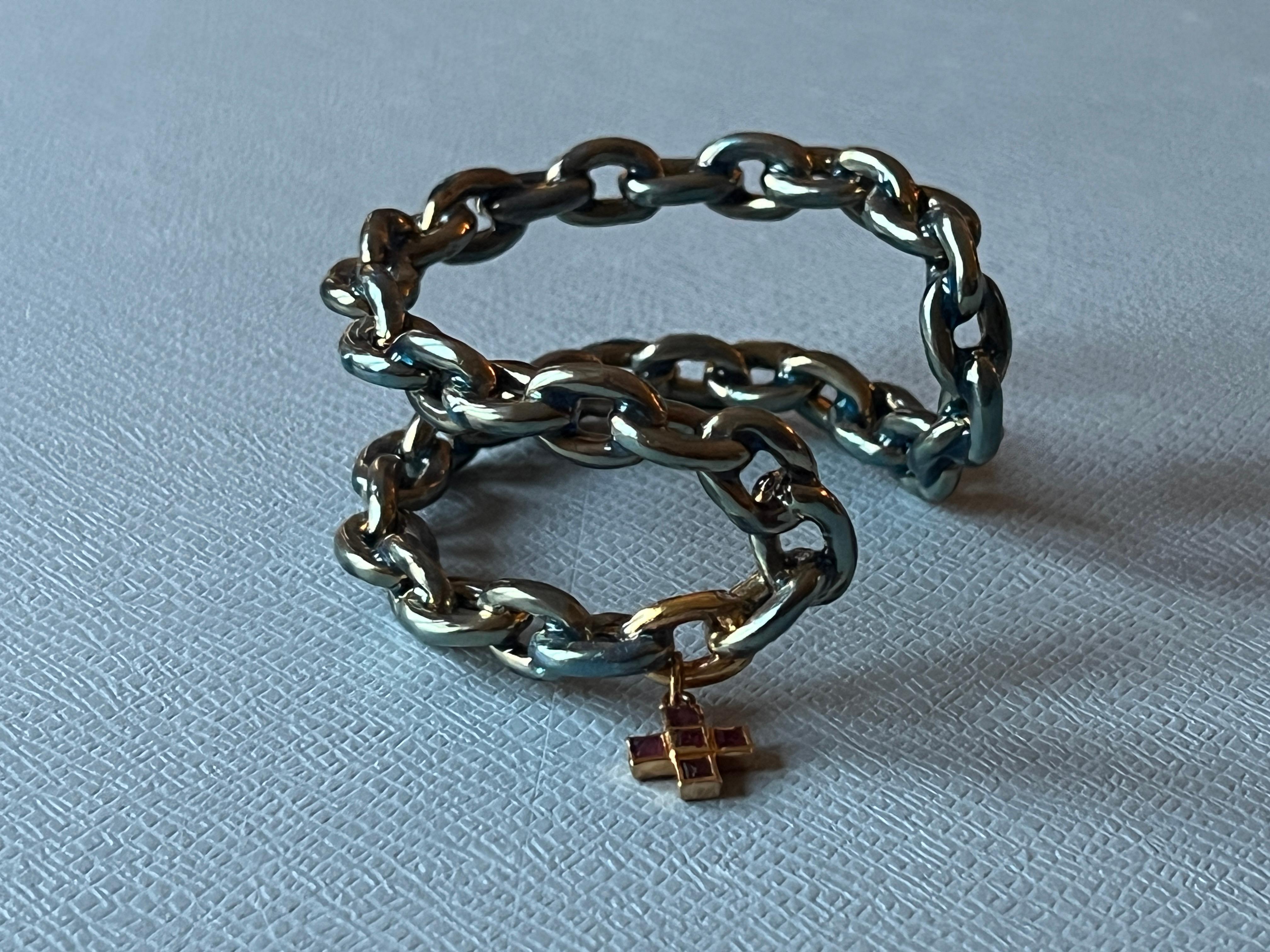 Chain Cuff Bangle Bracelet Light Blue Enamel Ruby Cross J Dauphin For Sale 1