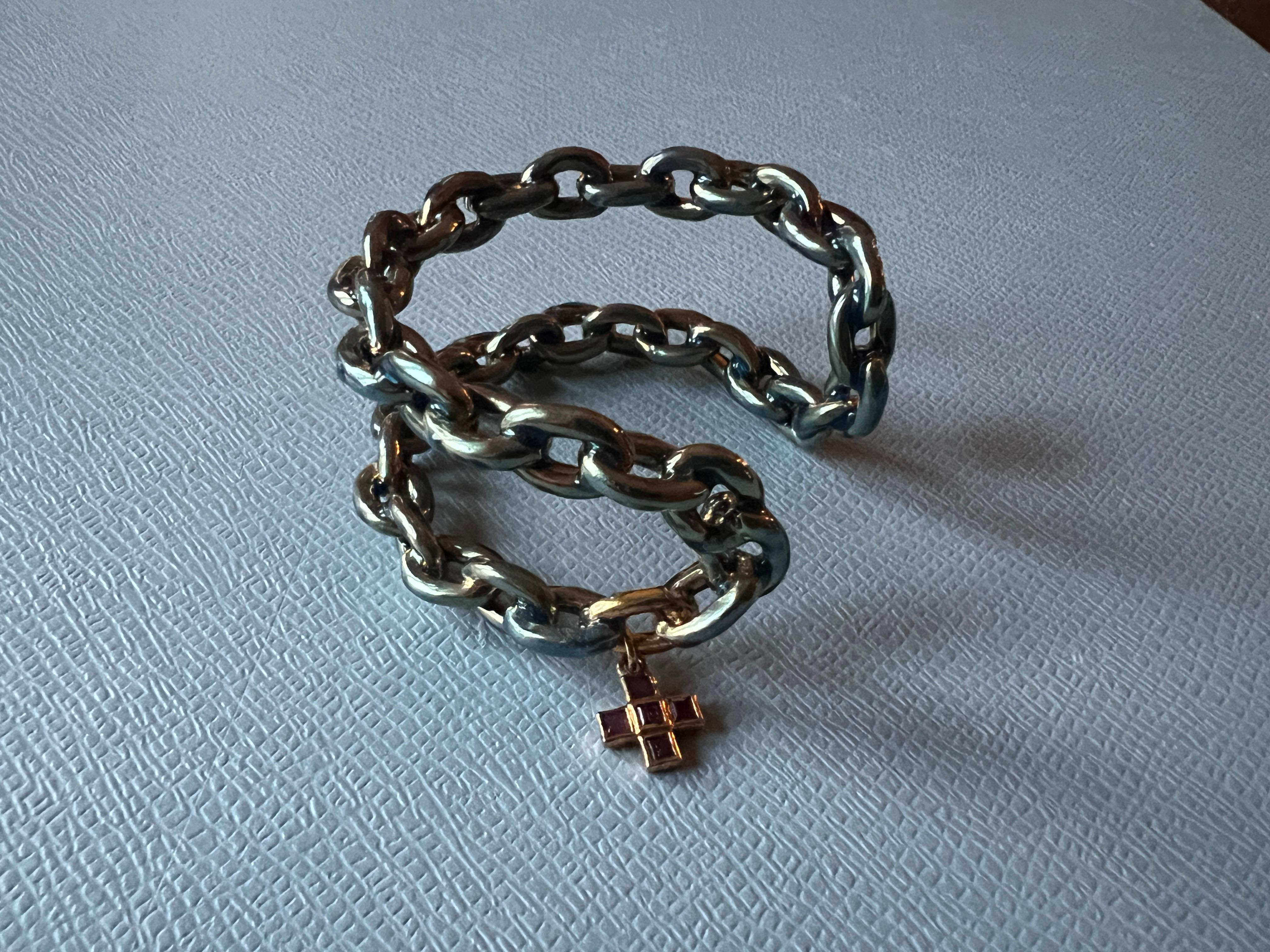 Chain Cuff Bangle Bracelet Light Blue Enamel Ruby Cross J Dauphin For Sale 2