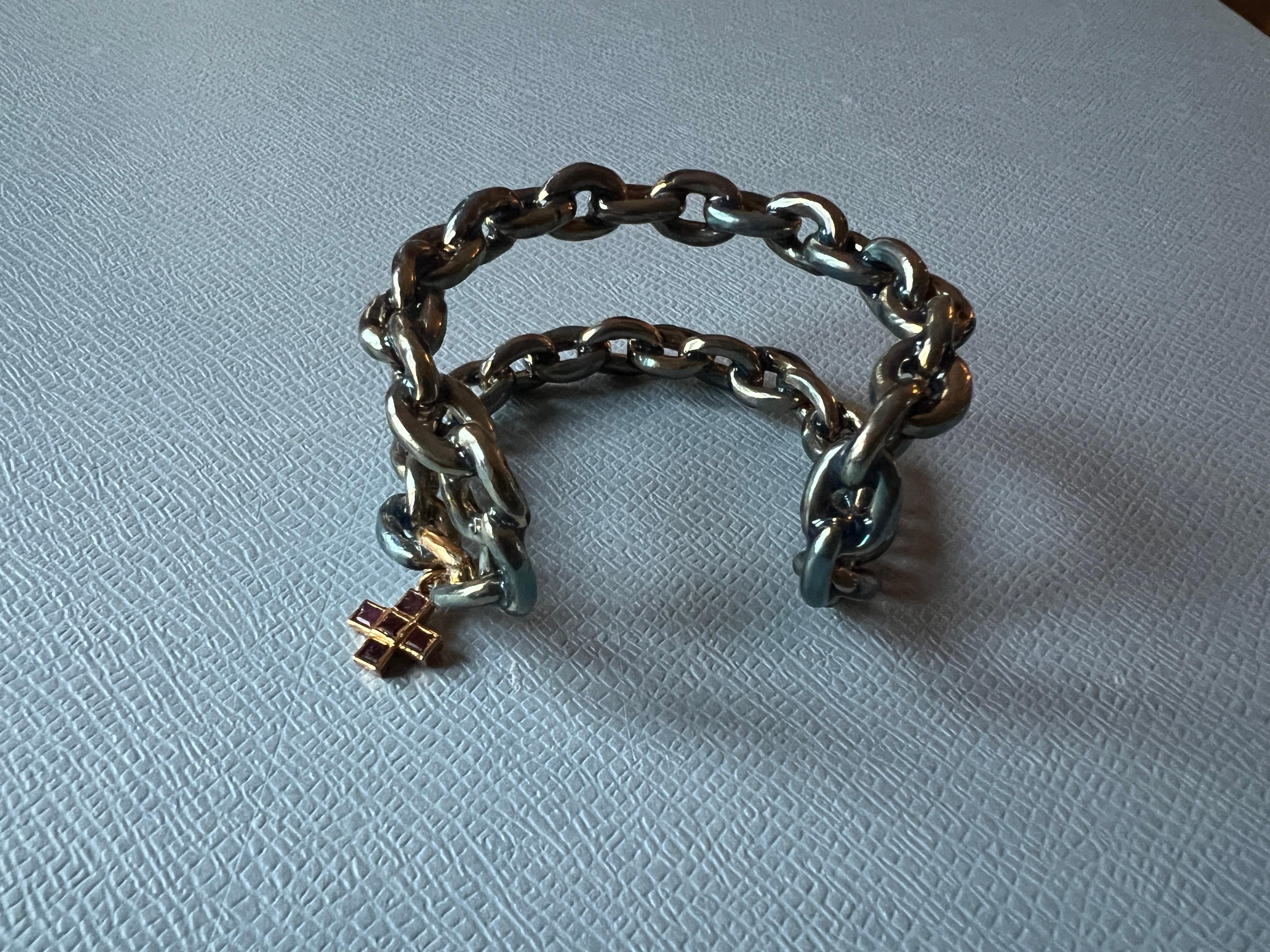 Chain Cuff Bangle Bracelet Light Blue Enamel Ruby Cross J Dauphin For Sale 3