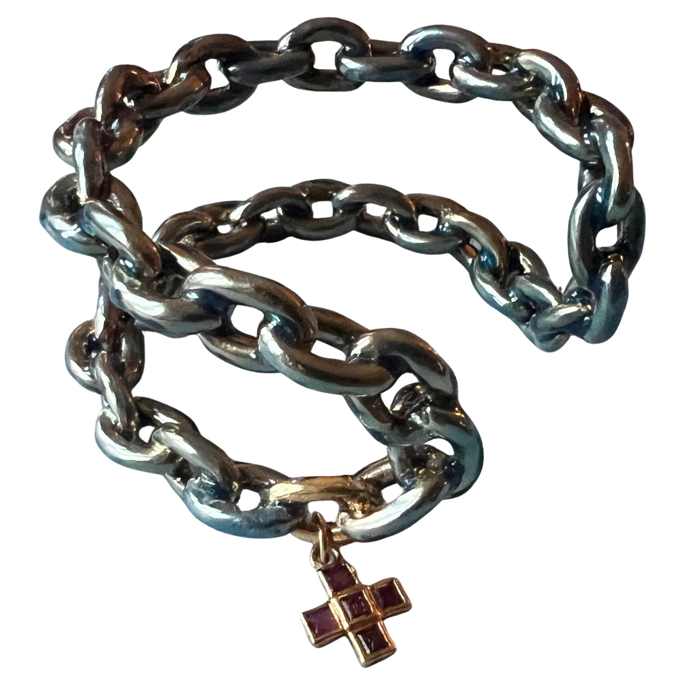 Chain Cuff Bangle Bracelet Light Blue Enamel Ruby Cross J Dauphin