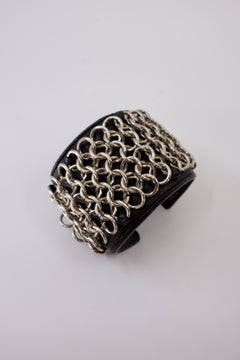 Chain Cuff Bracelet Leather Silver Chainmail Sculptural Vintage
