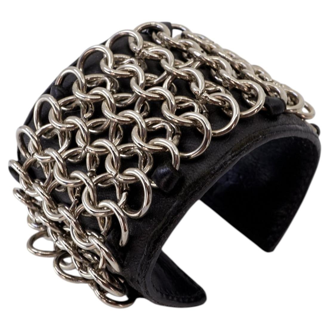 Chain Cuff Bracelet Leather Silver Chainmail Sculptural Vintage