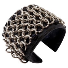 Chain Cuff Bracelet Leather Silver Chainmail Sculptural Vintage