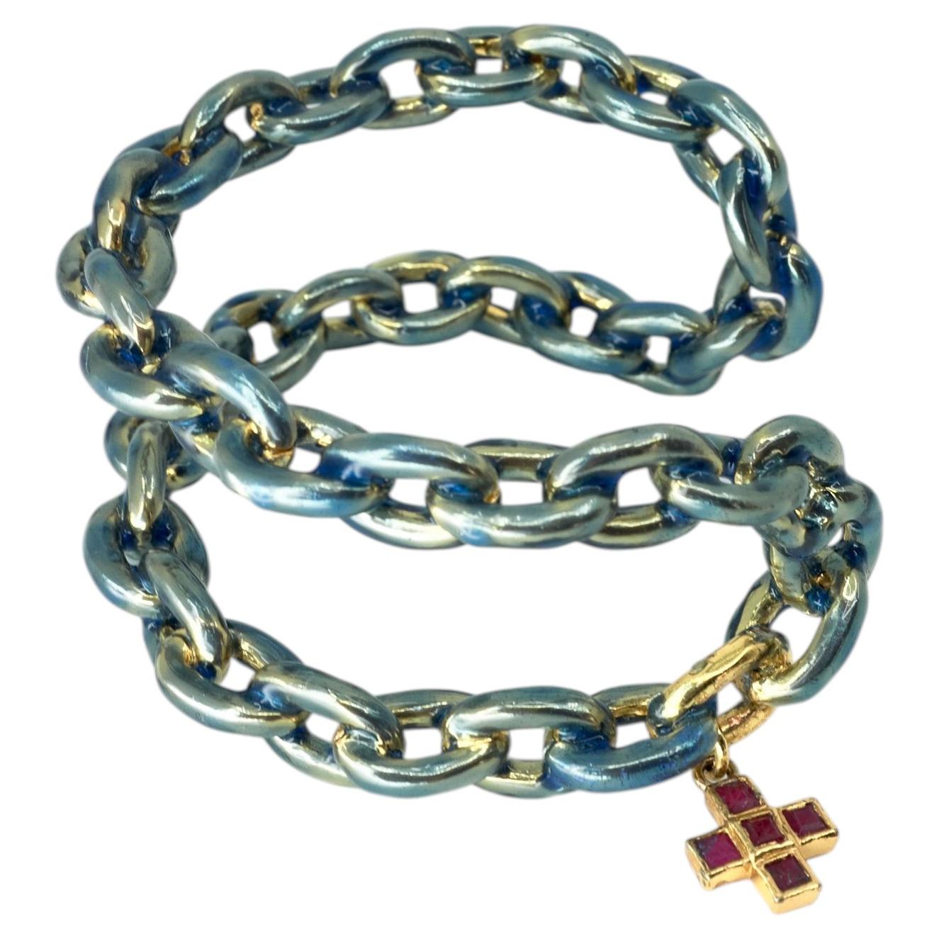 Sculptural Cuff Chain Bracelet Charm Cross Ruby Blue Enamel Gold For Sale