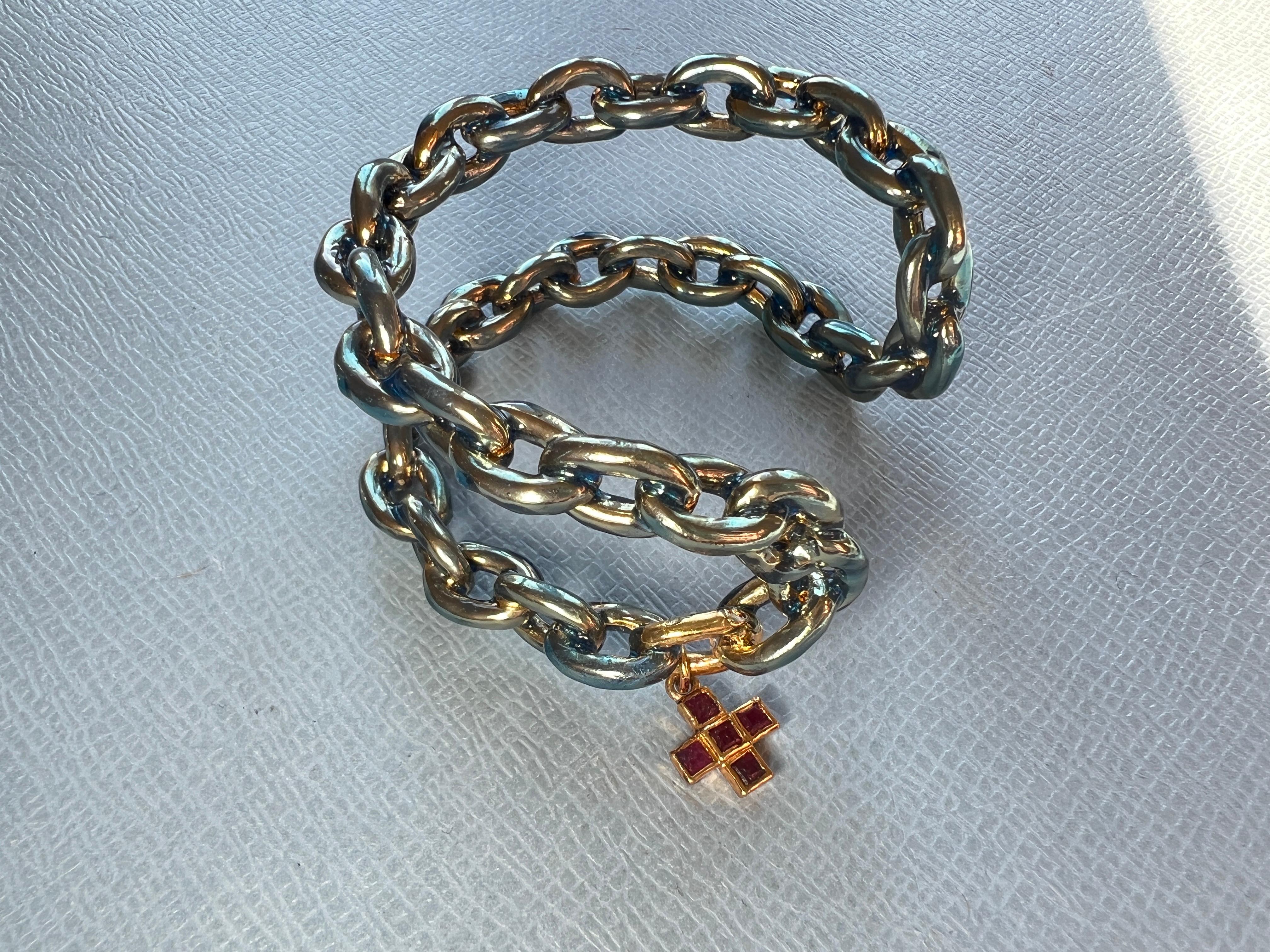 Contemporary Cuff Charm Bracelet Cross Ruby Enamel For Sale