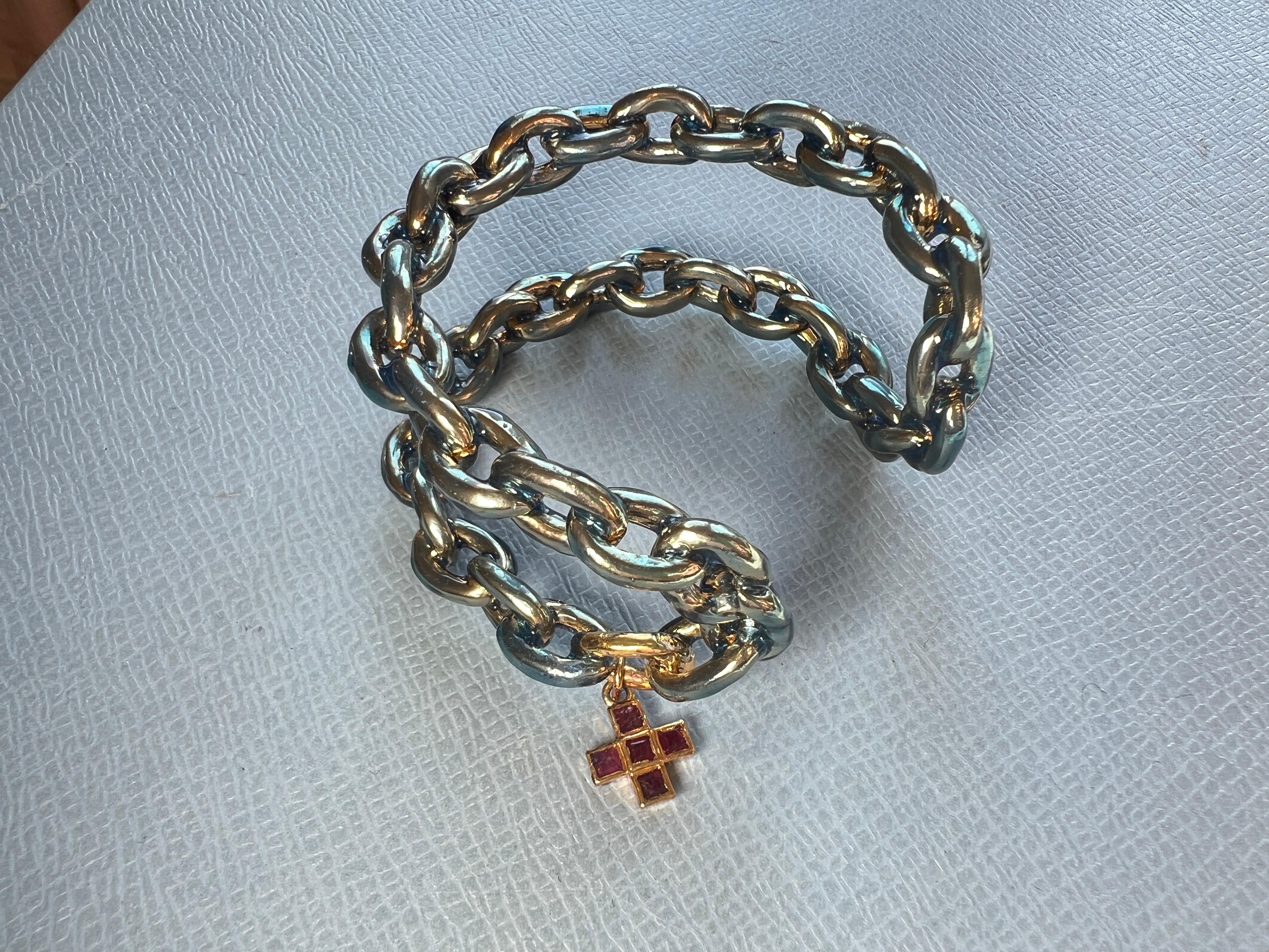Square Cut Cuff Charm Bracelet Cross Ruby Enamel For Sale