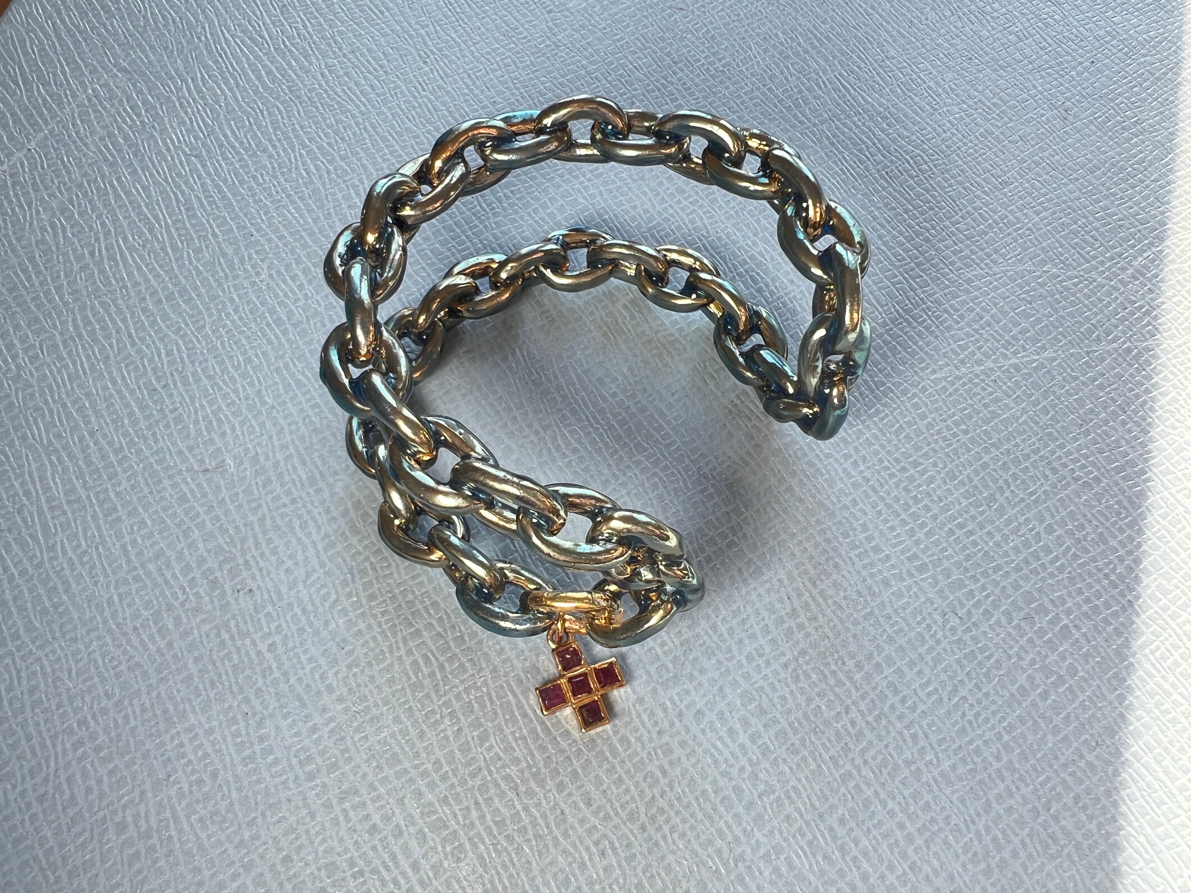 Cuff Charm Bracelet Cross Ruby Enamel In New Condition For Sale In Los Angeles, CA