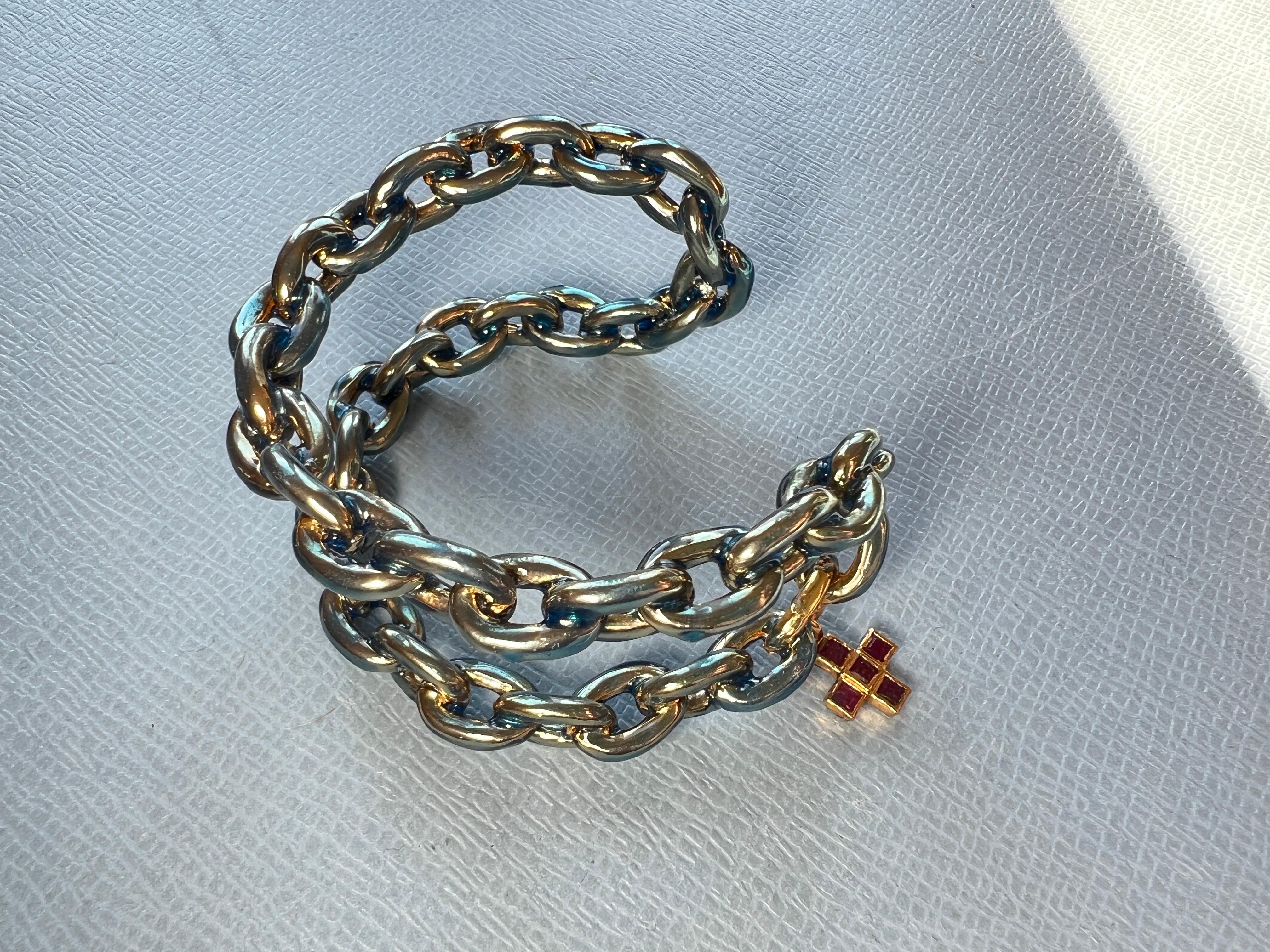 Women's Cuff Charm Bracelet Cross Ruby Enamel For Sale