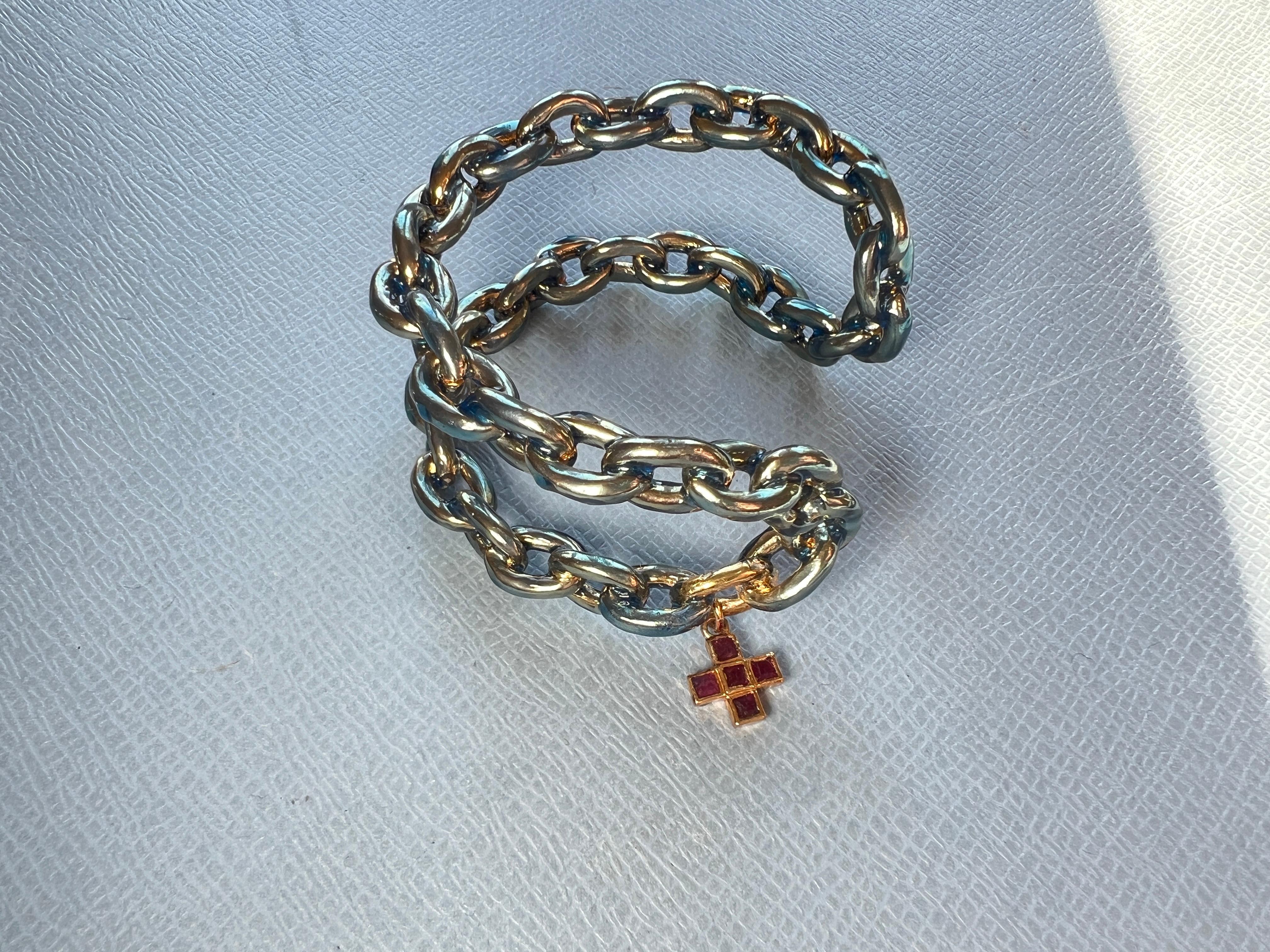 Cuff Charm Bracelet Cross Ruby Enamel For Sale 1