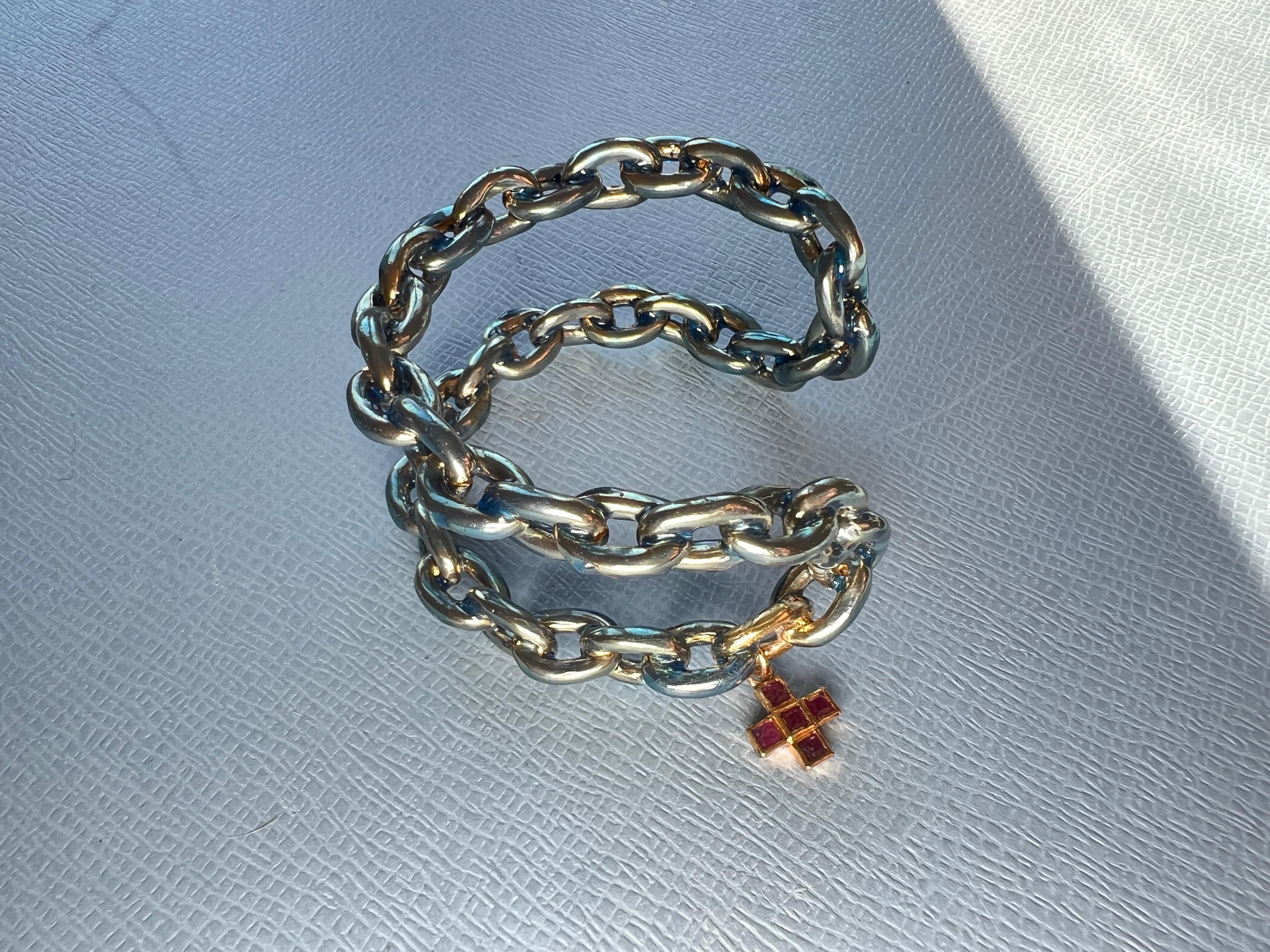 Cuff Charm Bracelet Cross Ruby Enamel For Sale 2