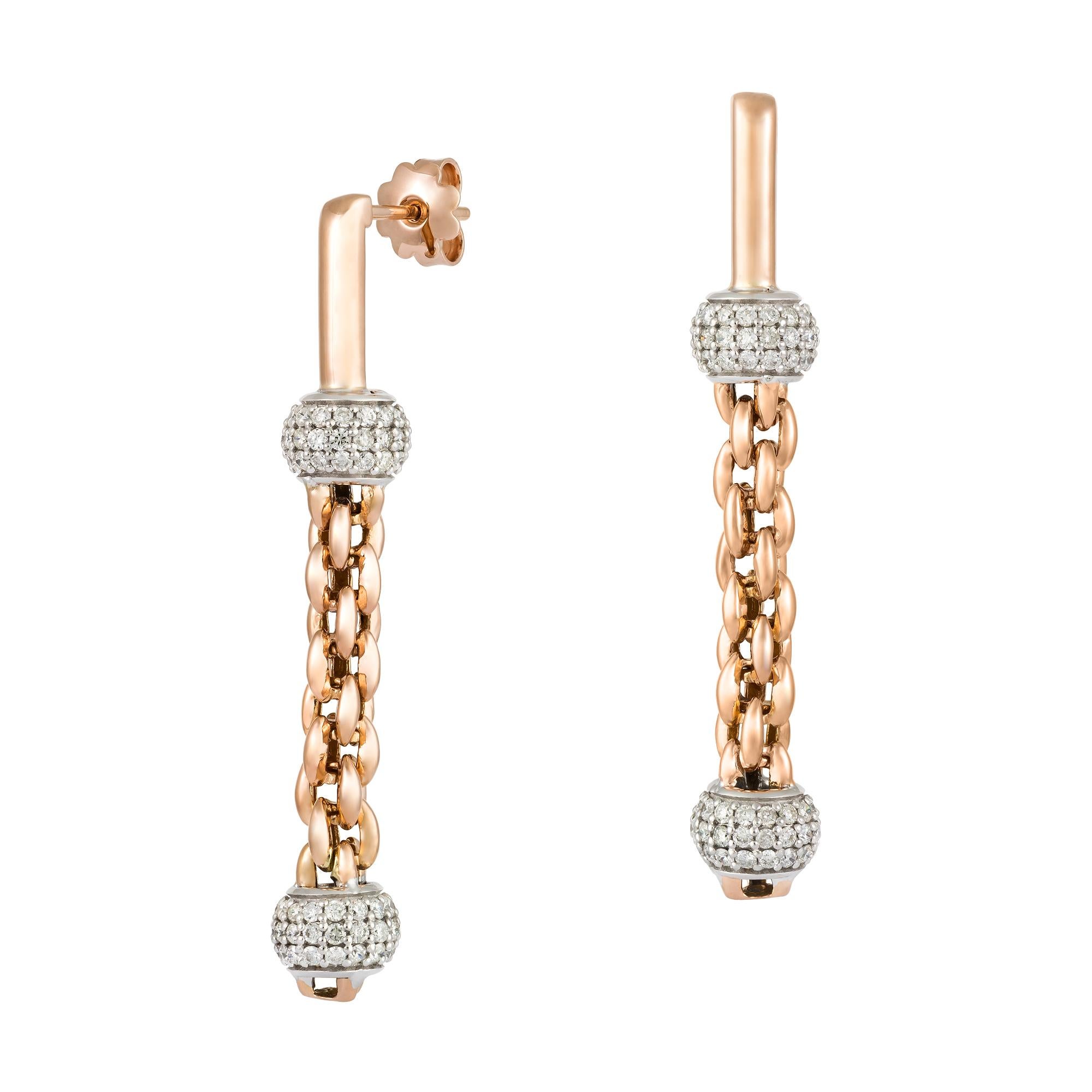 Modern Chain Dangle White Pink Gold 18K Earrings Diamond for Her For Sale