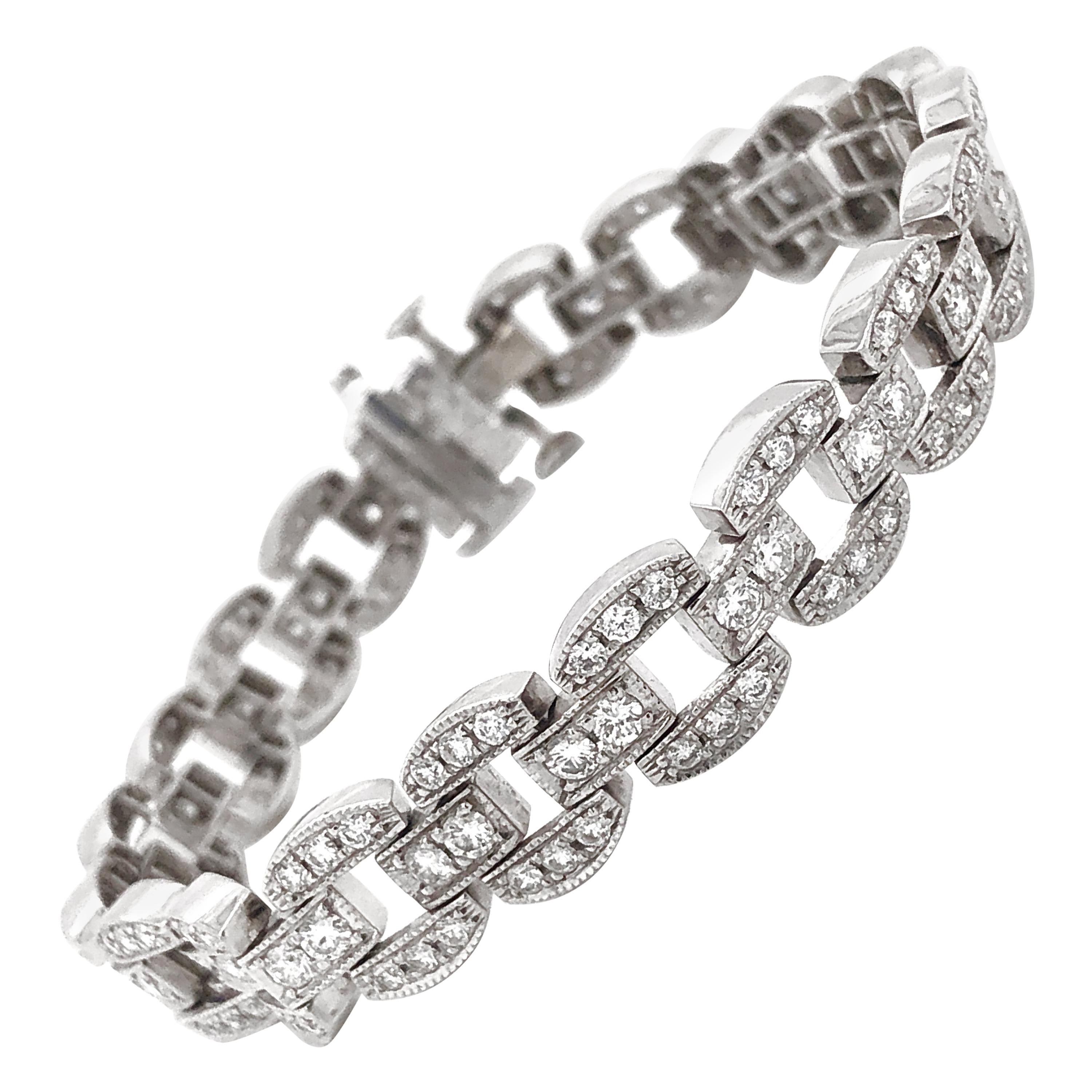 Round Cut White Diamonds 4.36 Carat Platinum Chain Link Bracelet For Sale