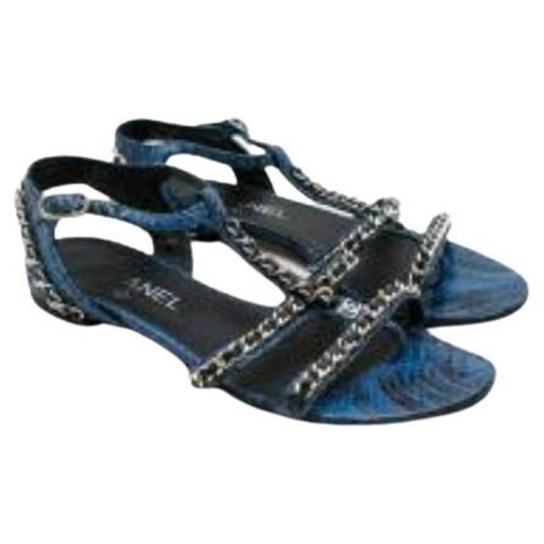 Chain Detail Blue Snakeskin Sandals For Sale at 1stDibs