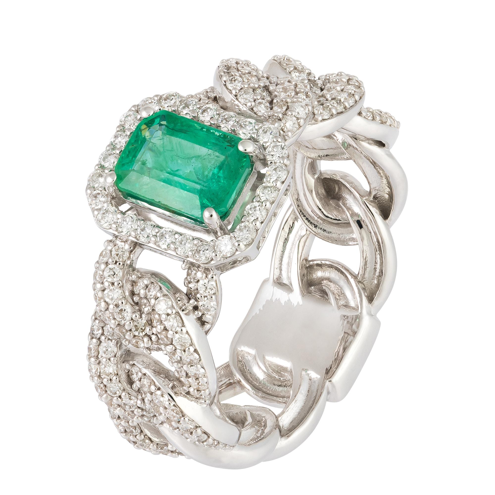 For Sale:  Chain Emerald White 18K Gold White Diamond Ring for Her 2