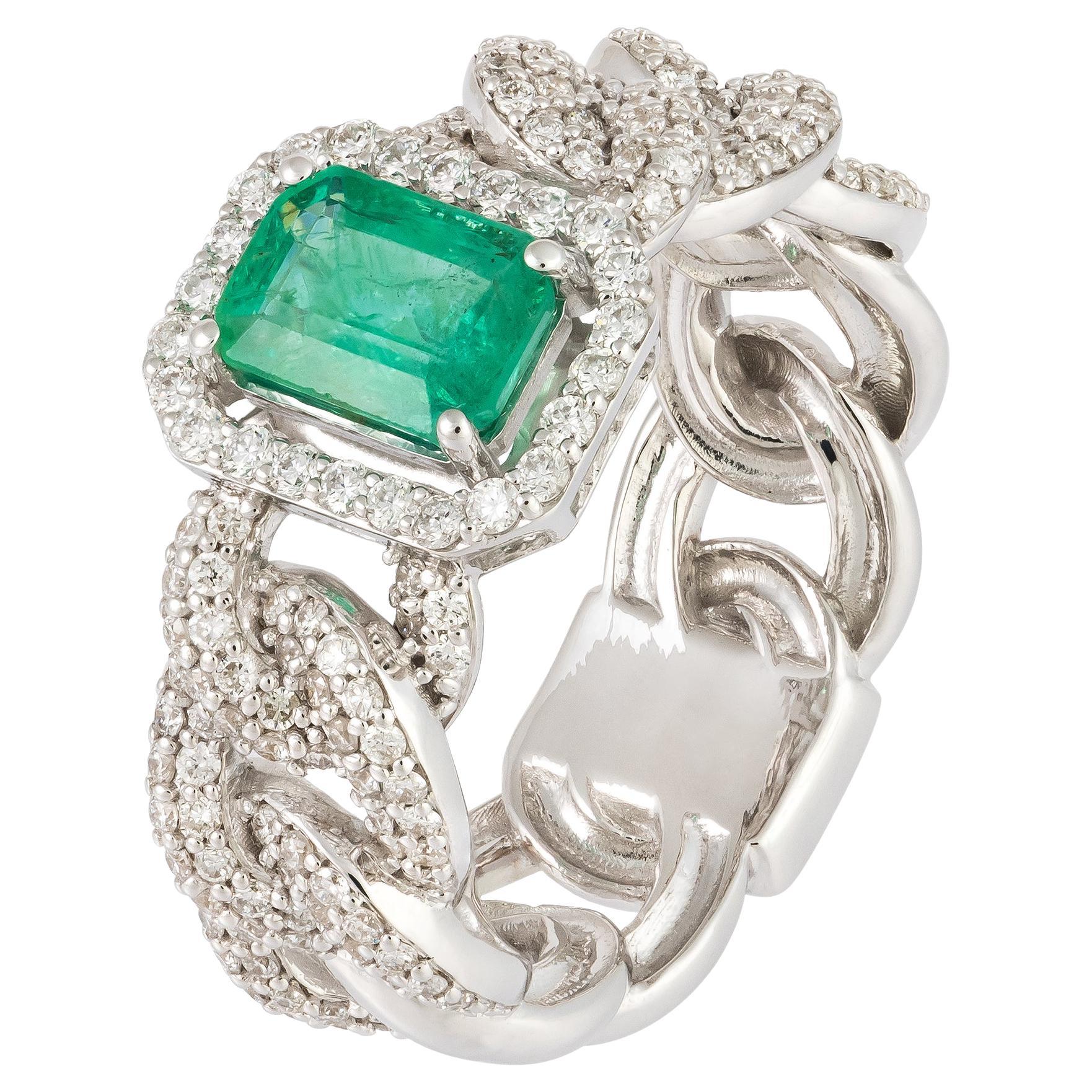 Chain Emerald White 18K Gold White Diamond Ring for Her