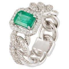 Cadena Esmeralda Blanca Oro 18K Anillo Diamante Blanco para Ella