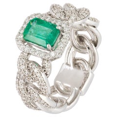 Chain Emerald White 18K Gold White Diamond Ring for Her