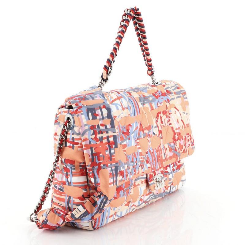 Beige Chain Flap Bag Quilted Printed Foulard Small