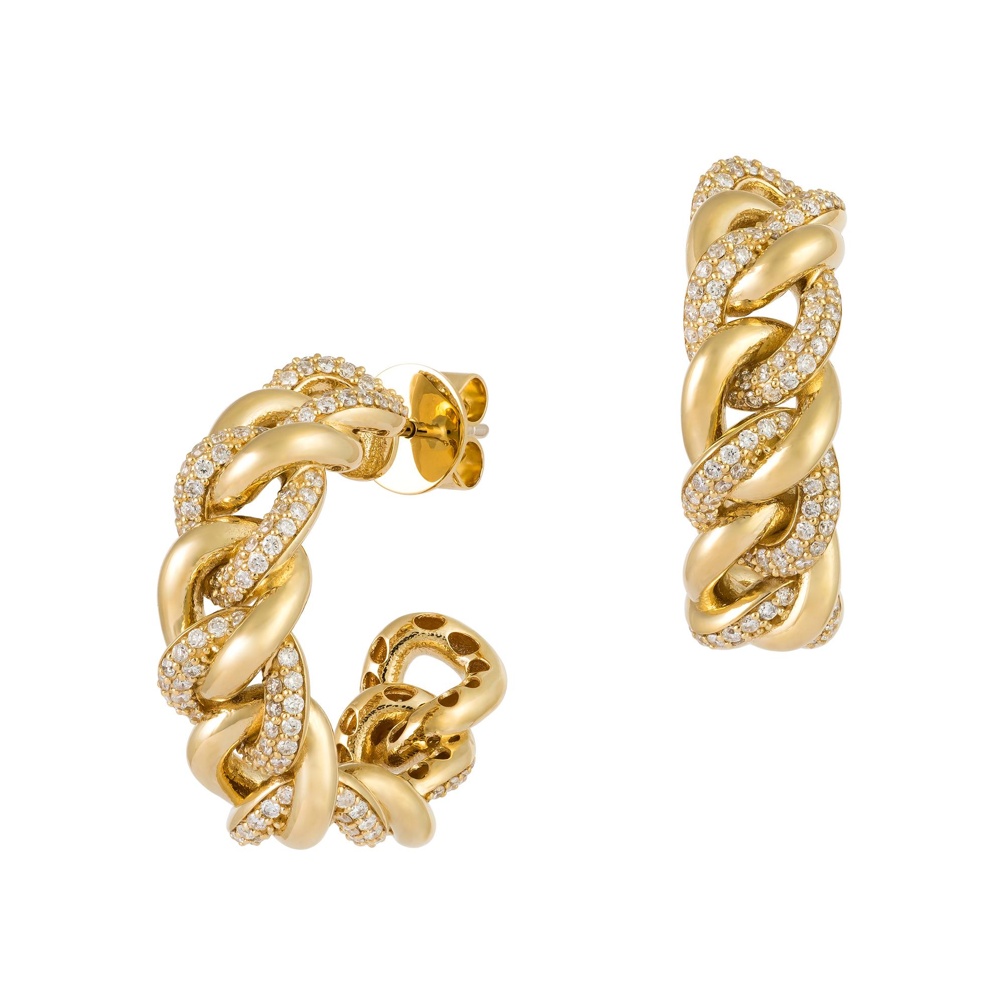 Modern Chain Hoop Yellow Gold 18K Earrings Diamond for Her For Sale