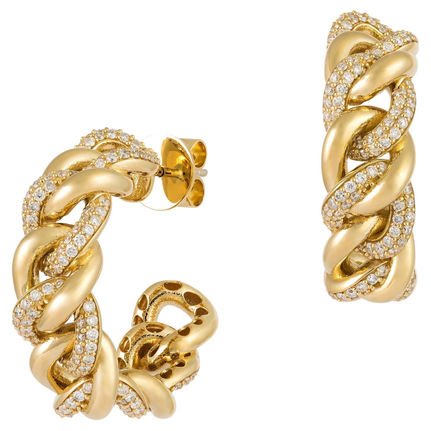 Chain Hoop Yellow Gold 18K Earrings Diamond for Her