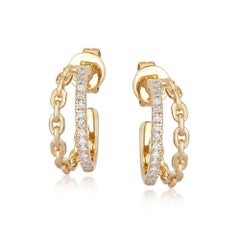 Chain Link 14K (or 18k upon request) Yellow Gold Diamond Double Hoop Earrings