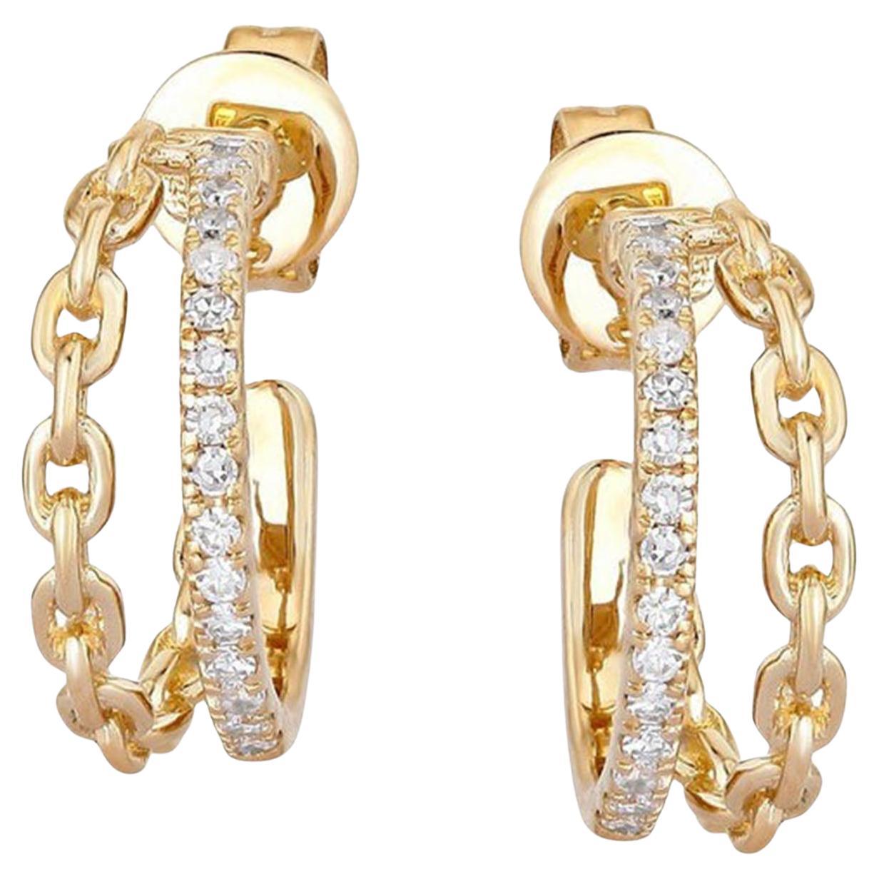 0.15ct Diamond Chain Link 14K Yellow Gold Double Hoop Earrings