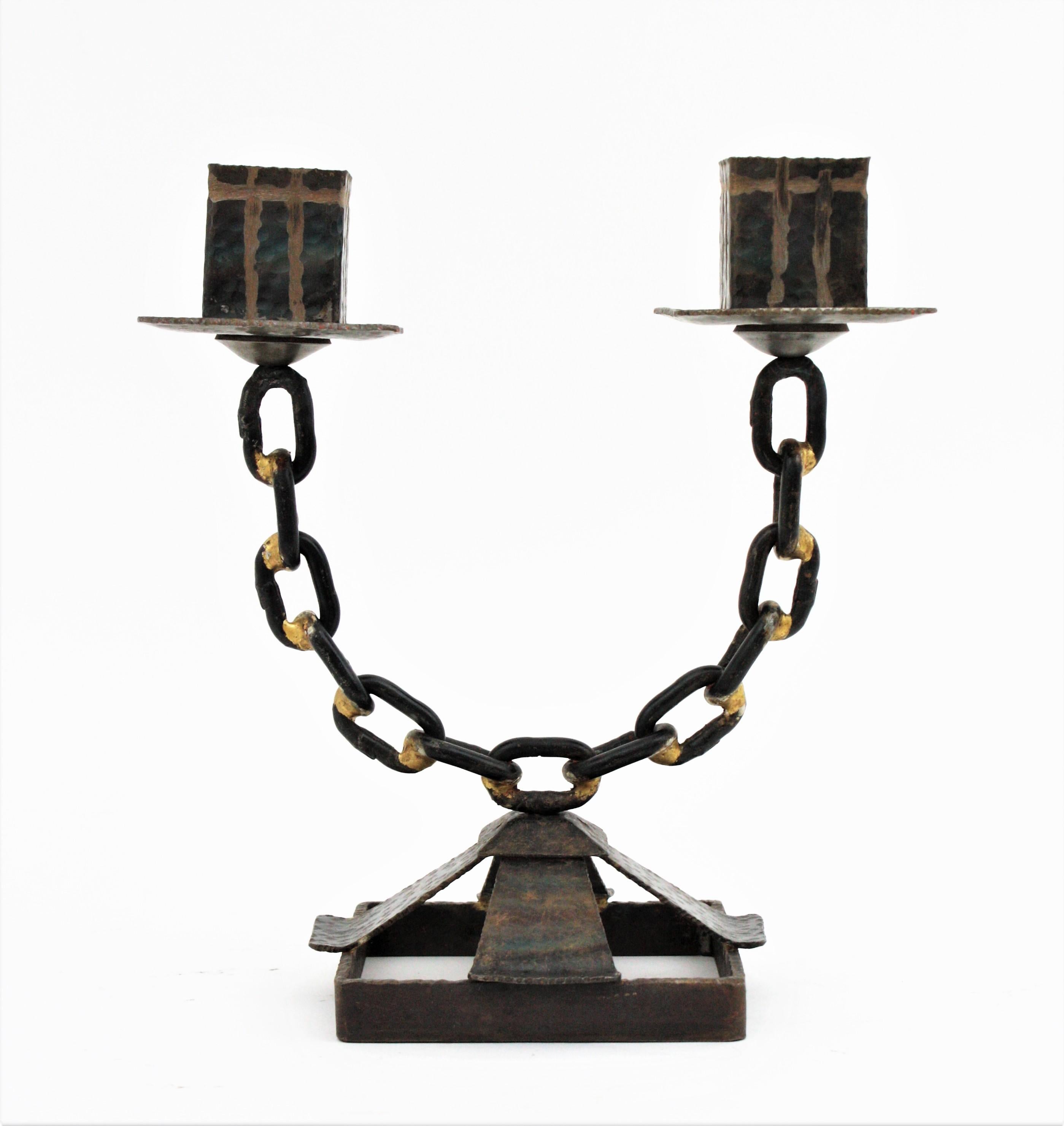 Gold Leaf Chain Link Brutalist Candle Holder in Wrought Iron For Sale