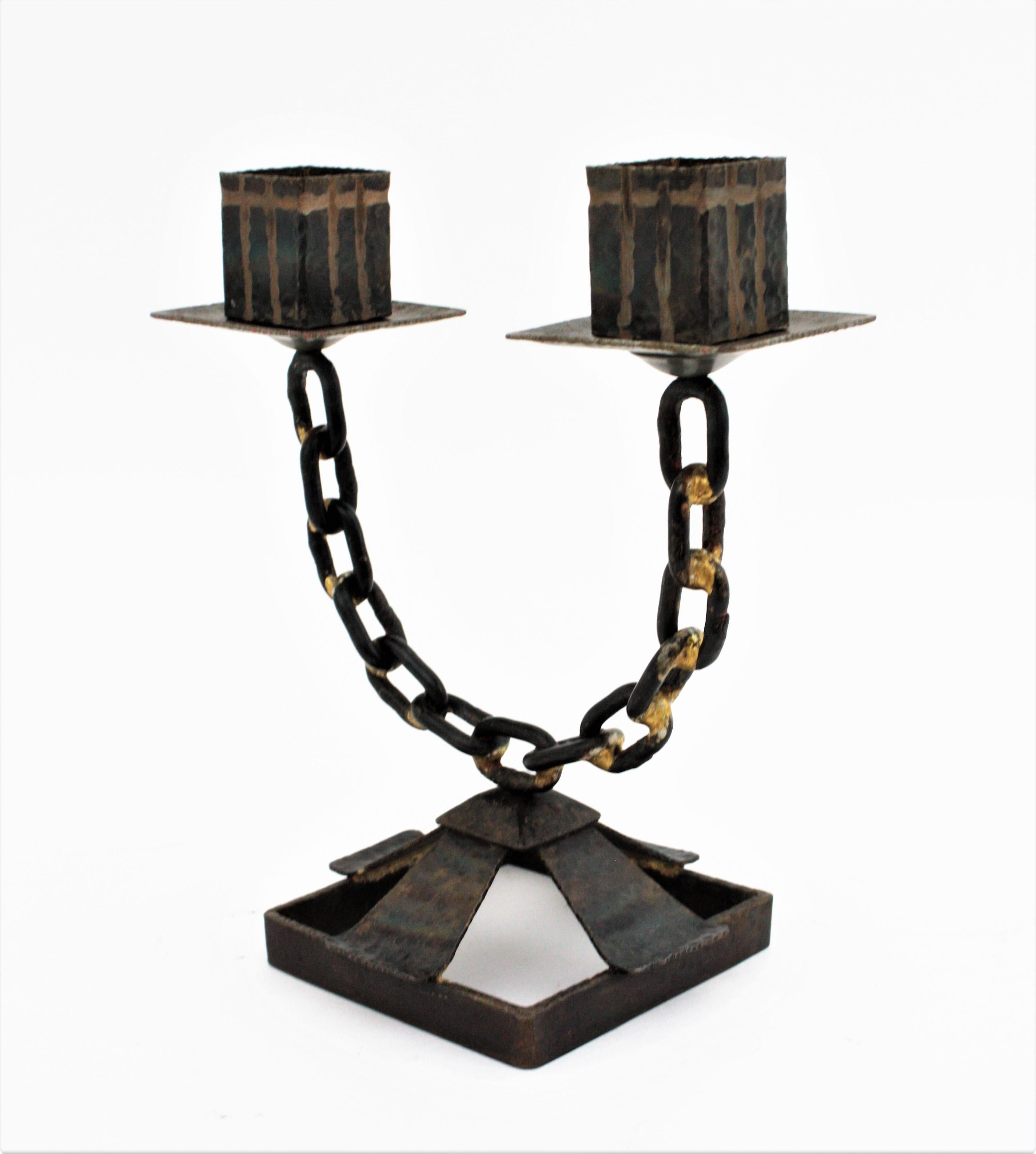Spanish Chain Link Brutalist Candle Holder in Wrought Iron For Sale