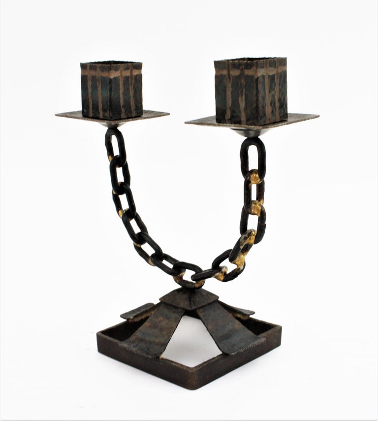 Chain Link Brutalist Candle Holder in Wrought Iron For Sale at 1stDibs