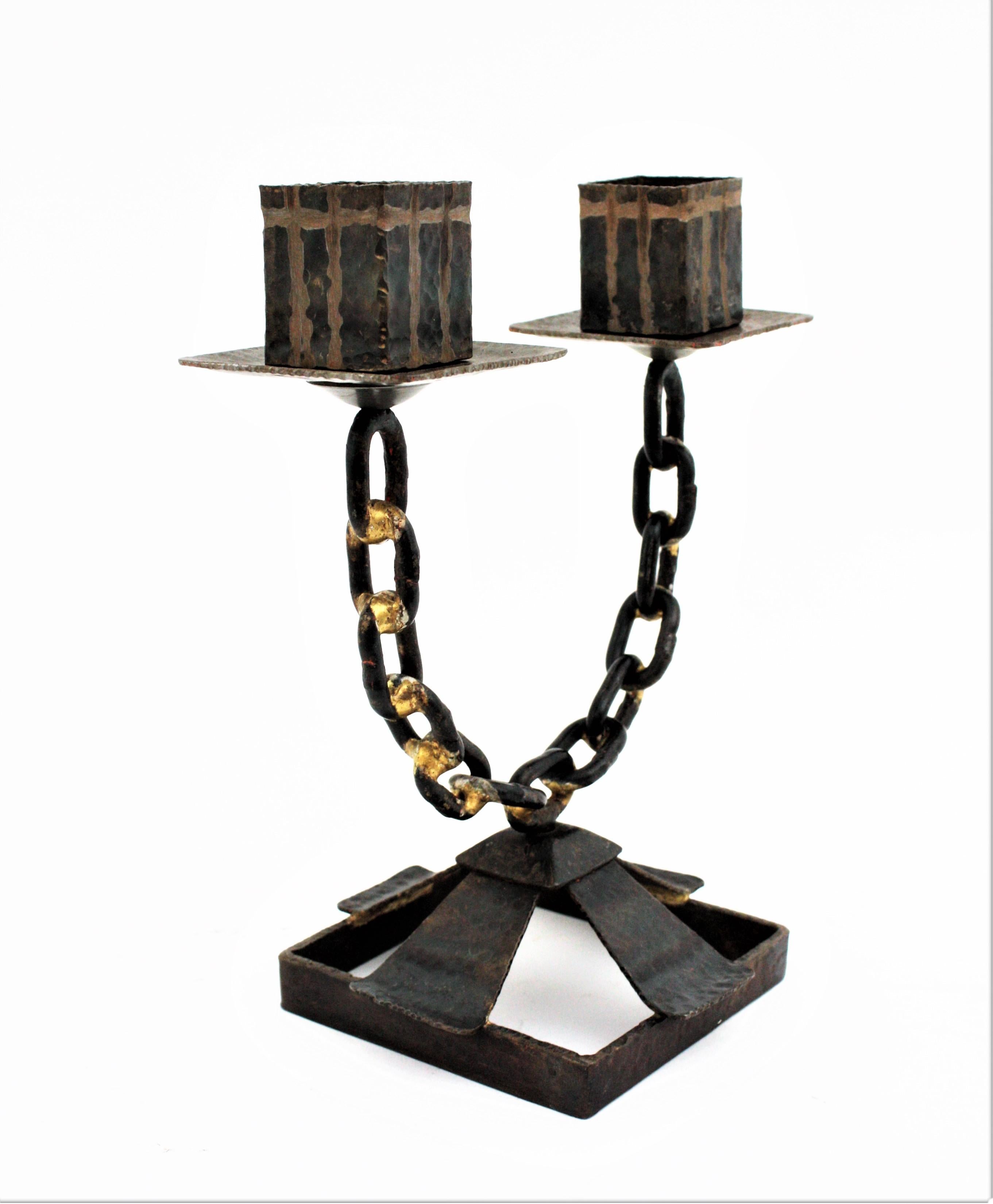 Gilt Chain Link Brutalist Candle Holder in Wrought Iron For Sale