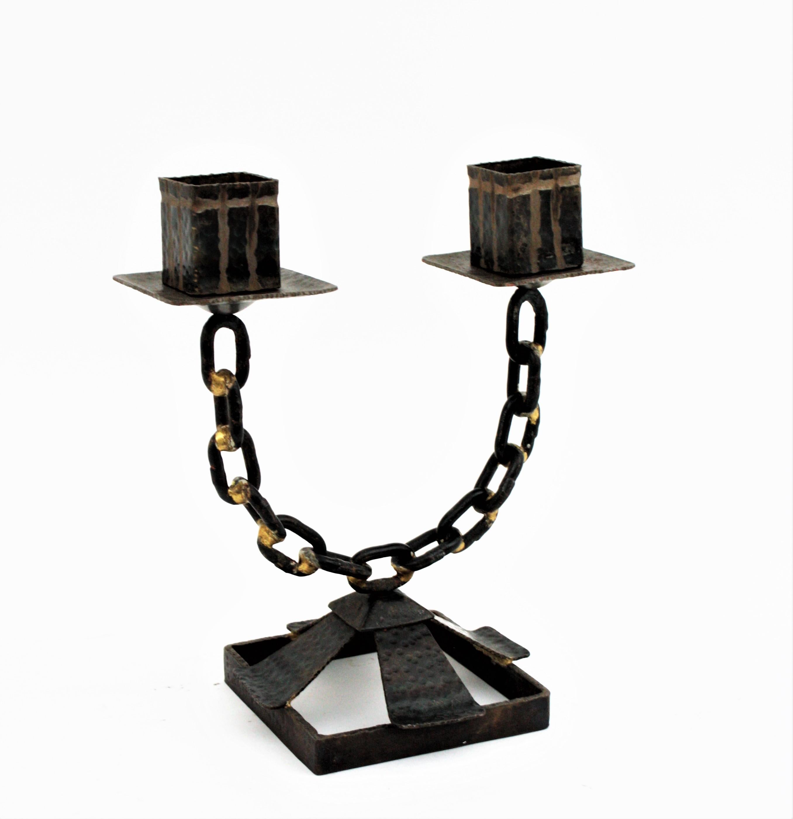 Forged Chain Link Brutalist Candle Holder, Wrought Iron For Sale