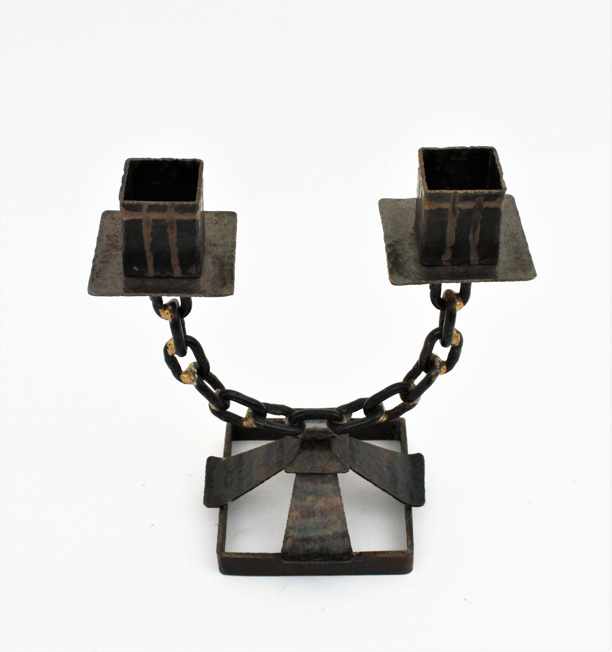 20th Century Chain Link Brutalist Candle Holder in Wrought Iron For Sale