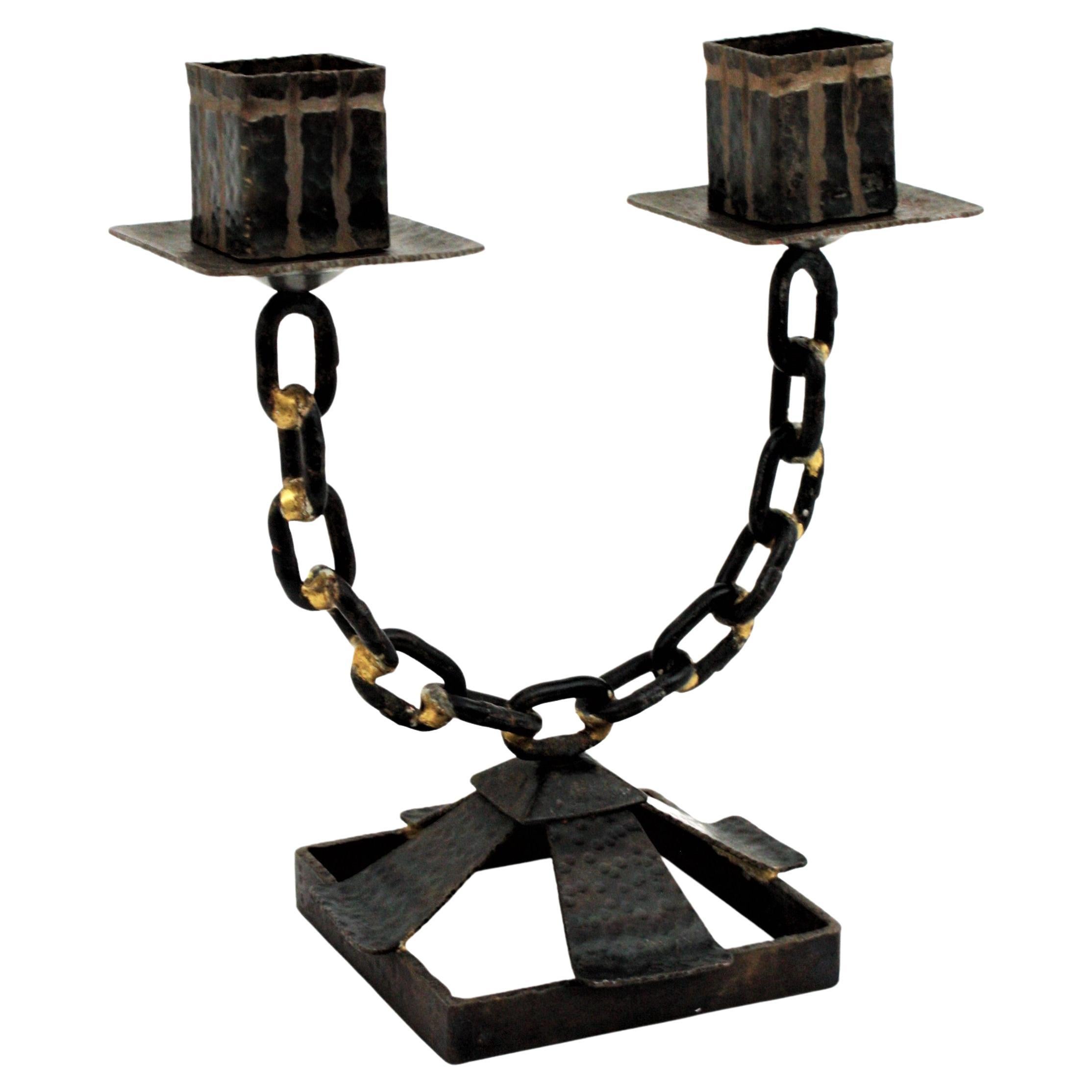 Chain Link Brutalist Candle Holder in Wrought Iron For Sale