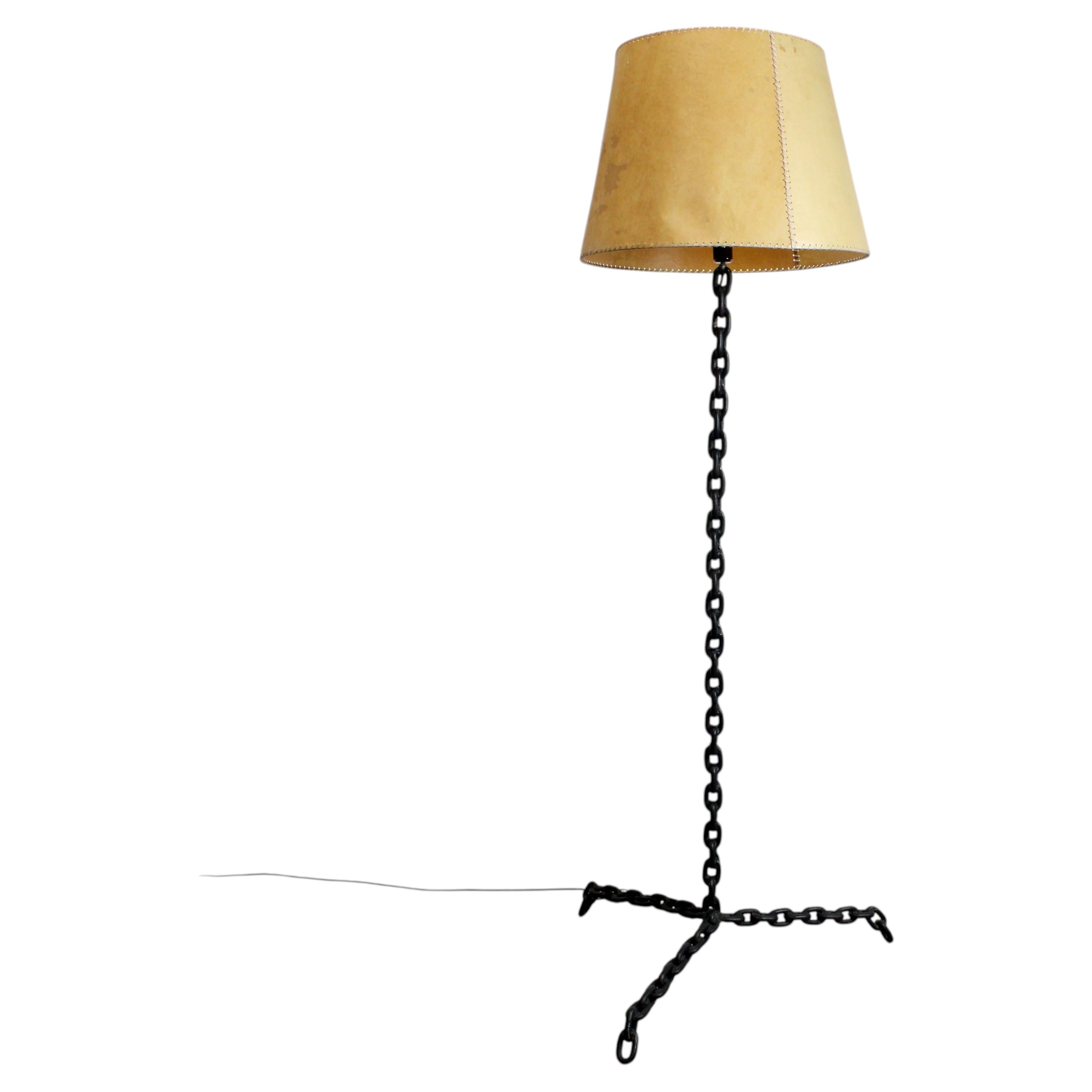 Chain Link Floor Lamp in wrought iron with a paper shade sewn with satin