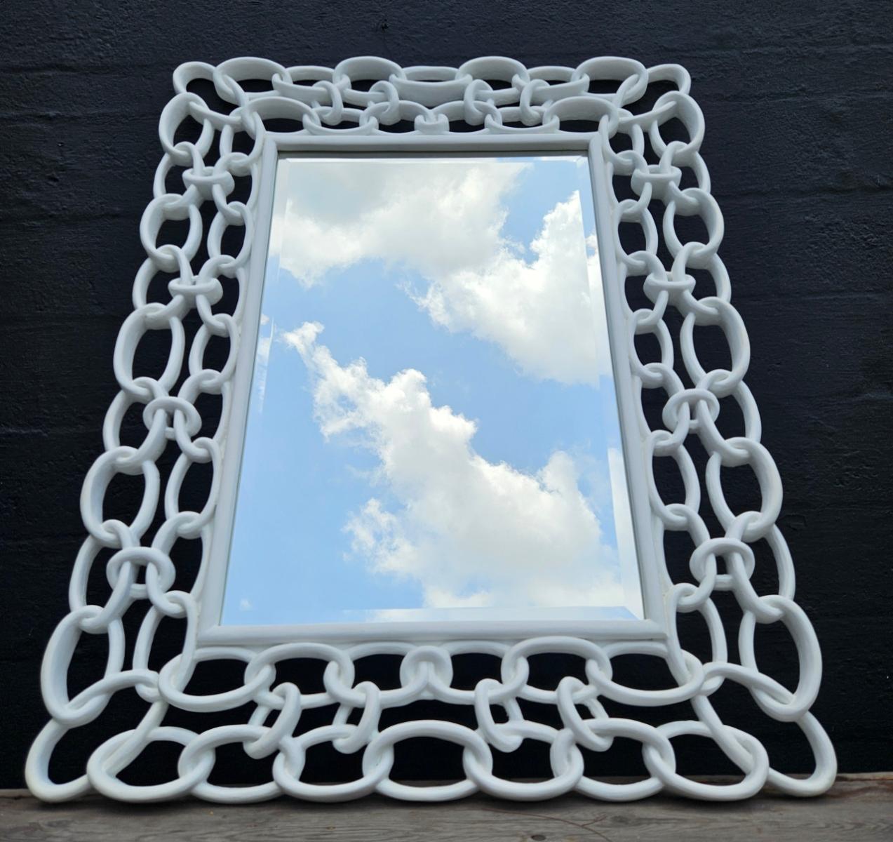 Hollywood Regency Chain Link Mirror in Plaster White For Sale