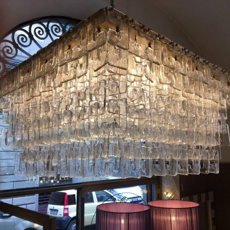Modern Chain Link Murano Clear Glass Chandelier, Brass Structure, 1970s