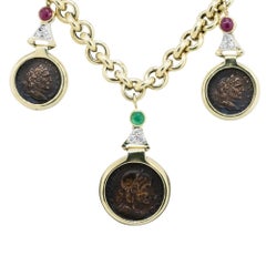 Chain Link Necklace with Bezel Set and Ancient Coins 18 Karat in Stock