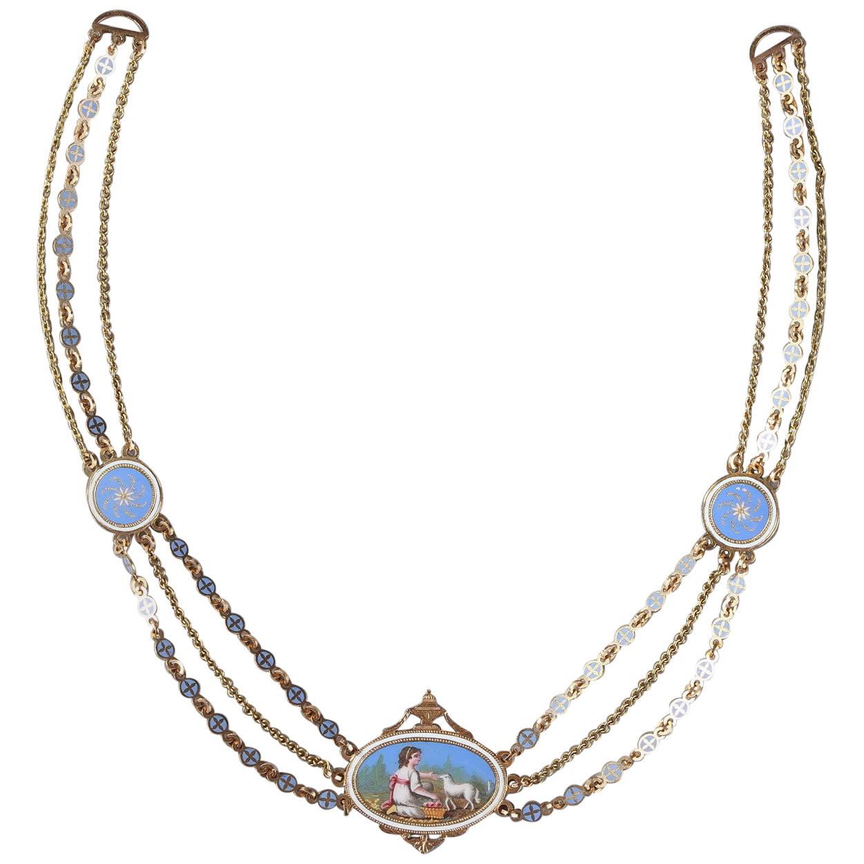 Chain Link Necklace with Gold and Enamel Plates, Early 19th Century For Sale