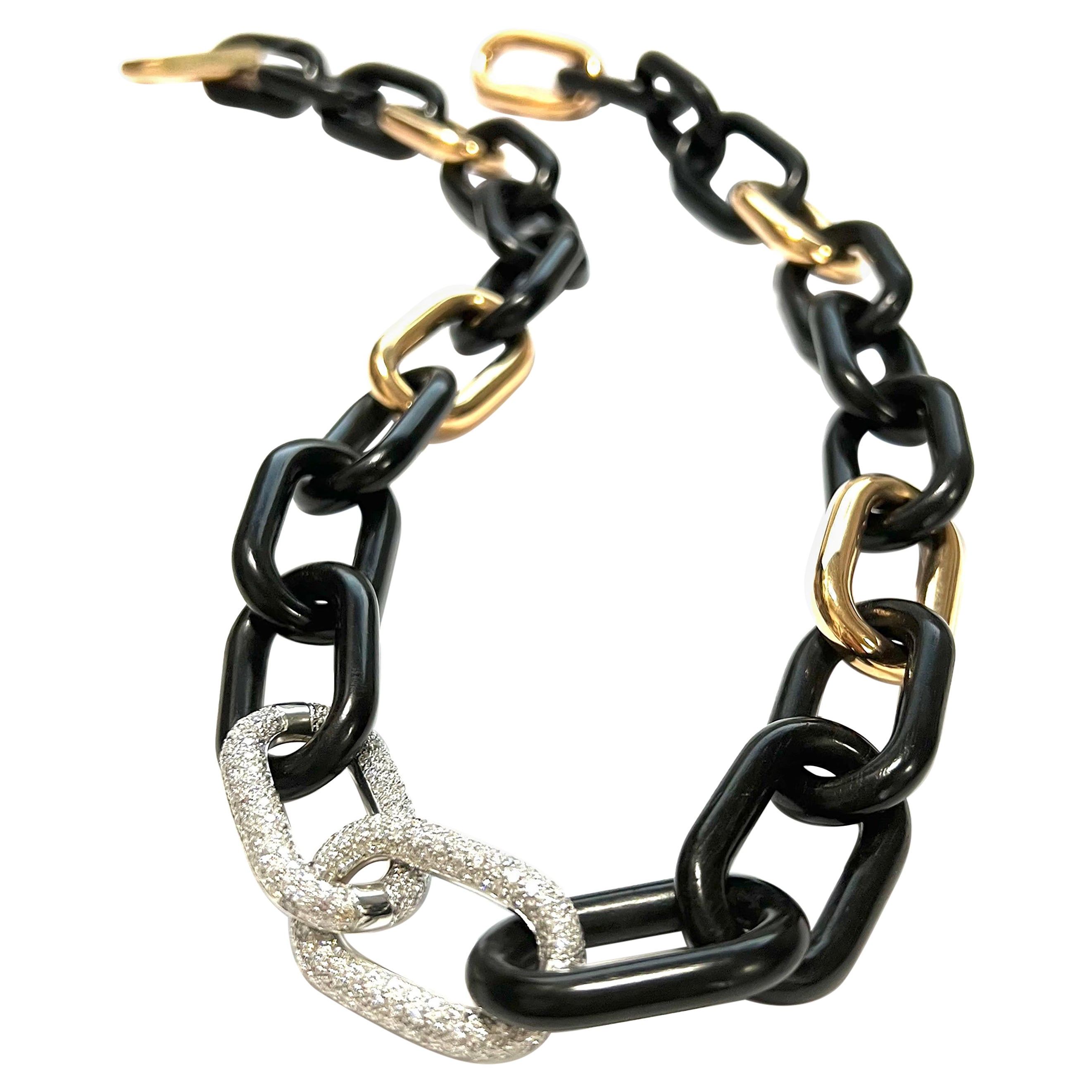 Collar de cadena de eslabones con mezcla de oro rosa, ébano, oro blanco y diamantes